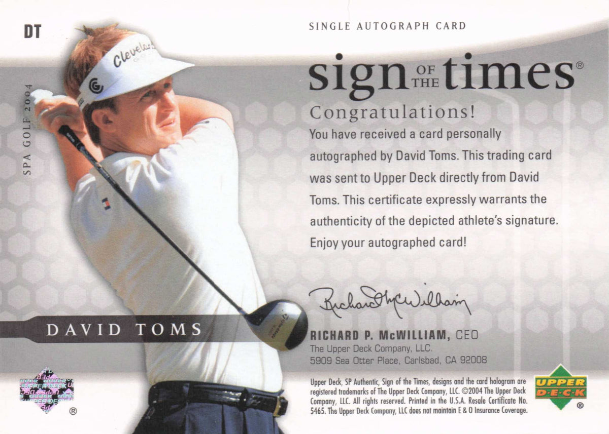 David Toms Sign Of The Times Golf 2004 Hand Signed Autograph Photo Card
