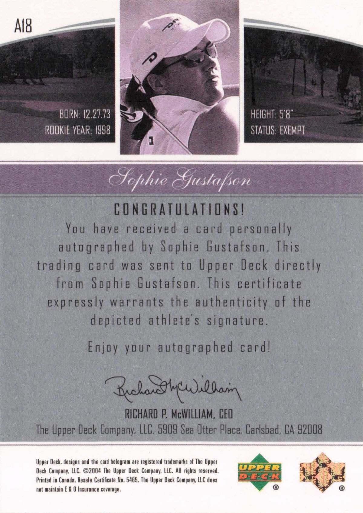 Sophie Gustafson Endorsements Of Excellence Golf Hand Signed Autograph Card