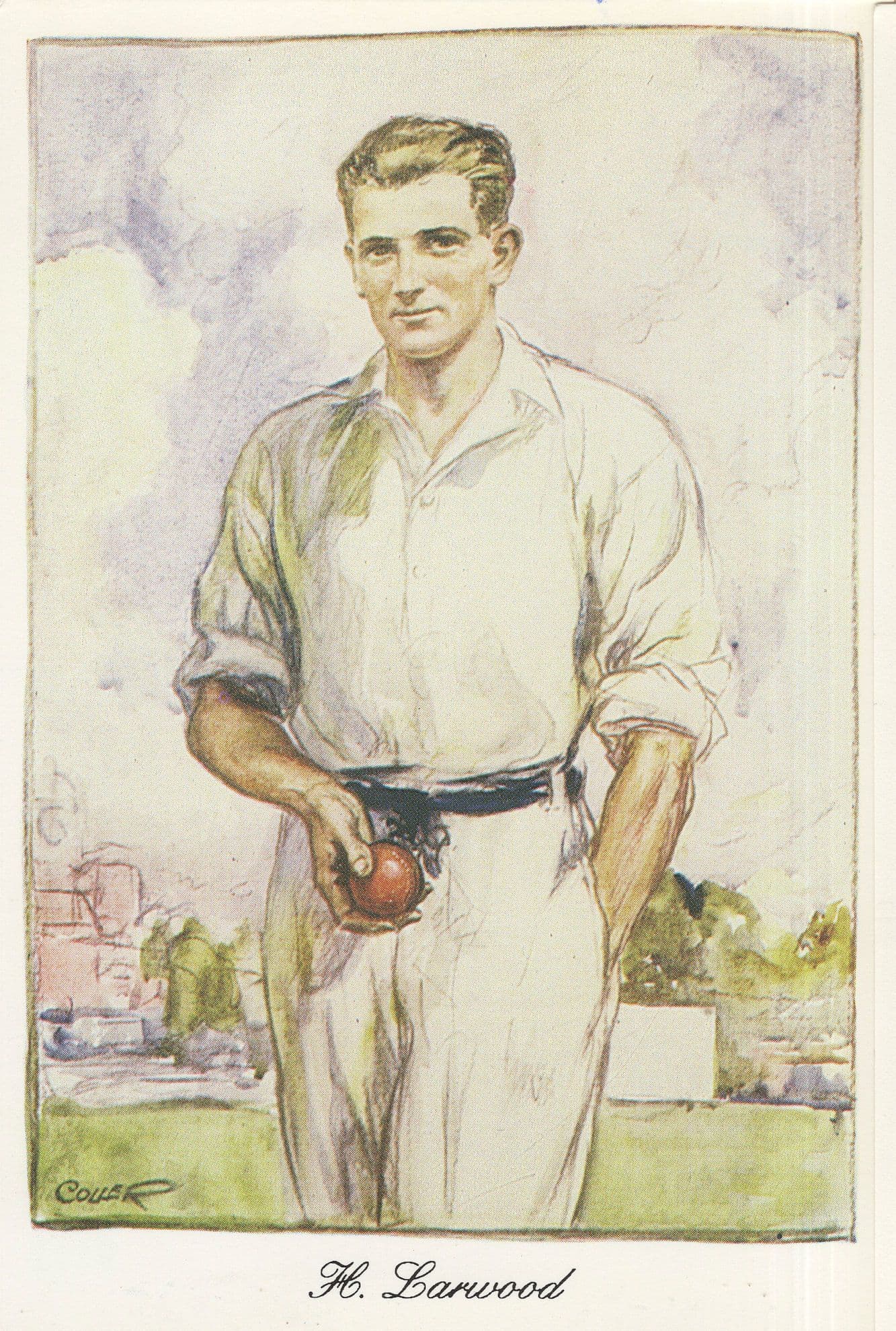 Harold Larwood Nottinghamshire England Cricket Painting Postcard