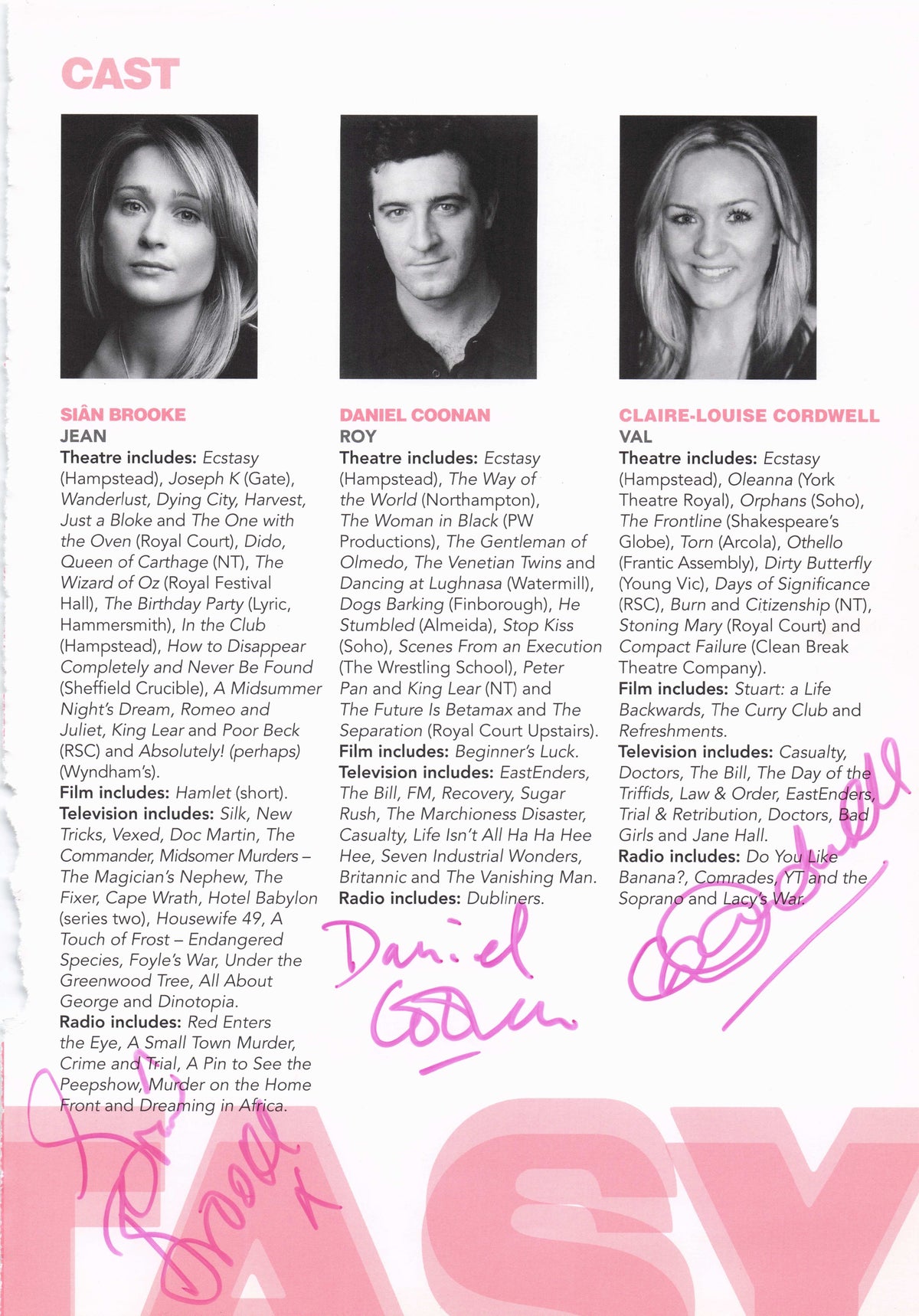 Sinead Matthews Sian Brooke Daniel Coonan Hand Signed Mike Leigh Theatre Page