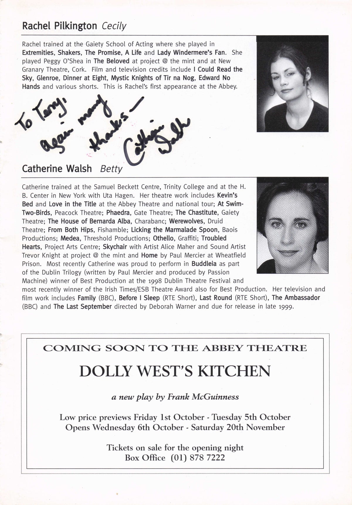 Rachel Pilkington Irish Actress Fair City The Clinic Glenroe Hand Signed Photo Page