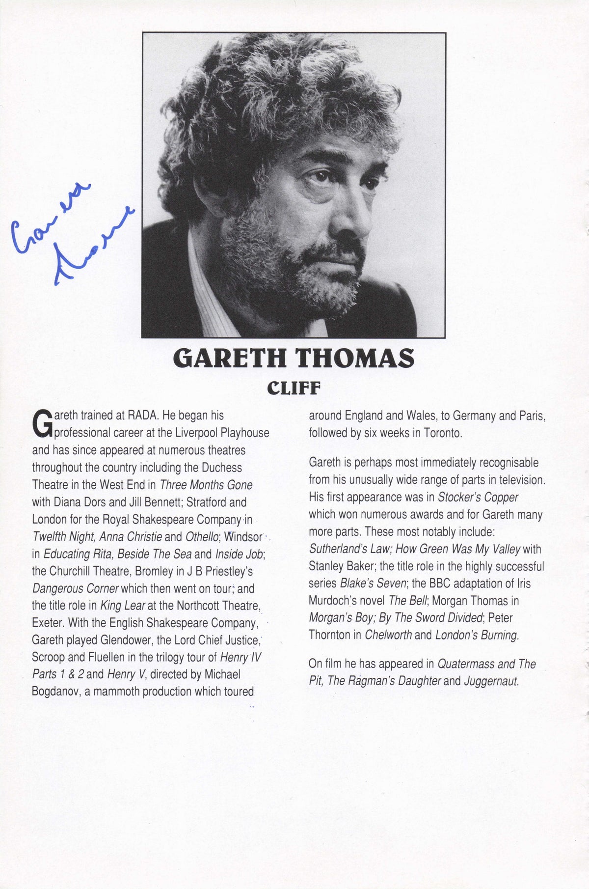 Gareth Johnson Legend Actor of Blake's 7 Vintage Hand Signed Theatre Page Photo