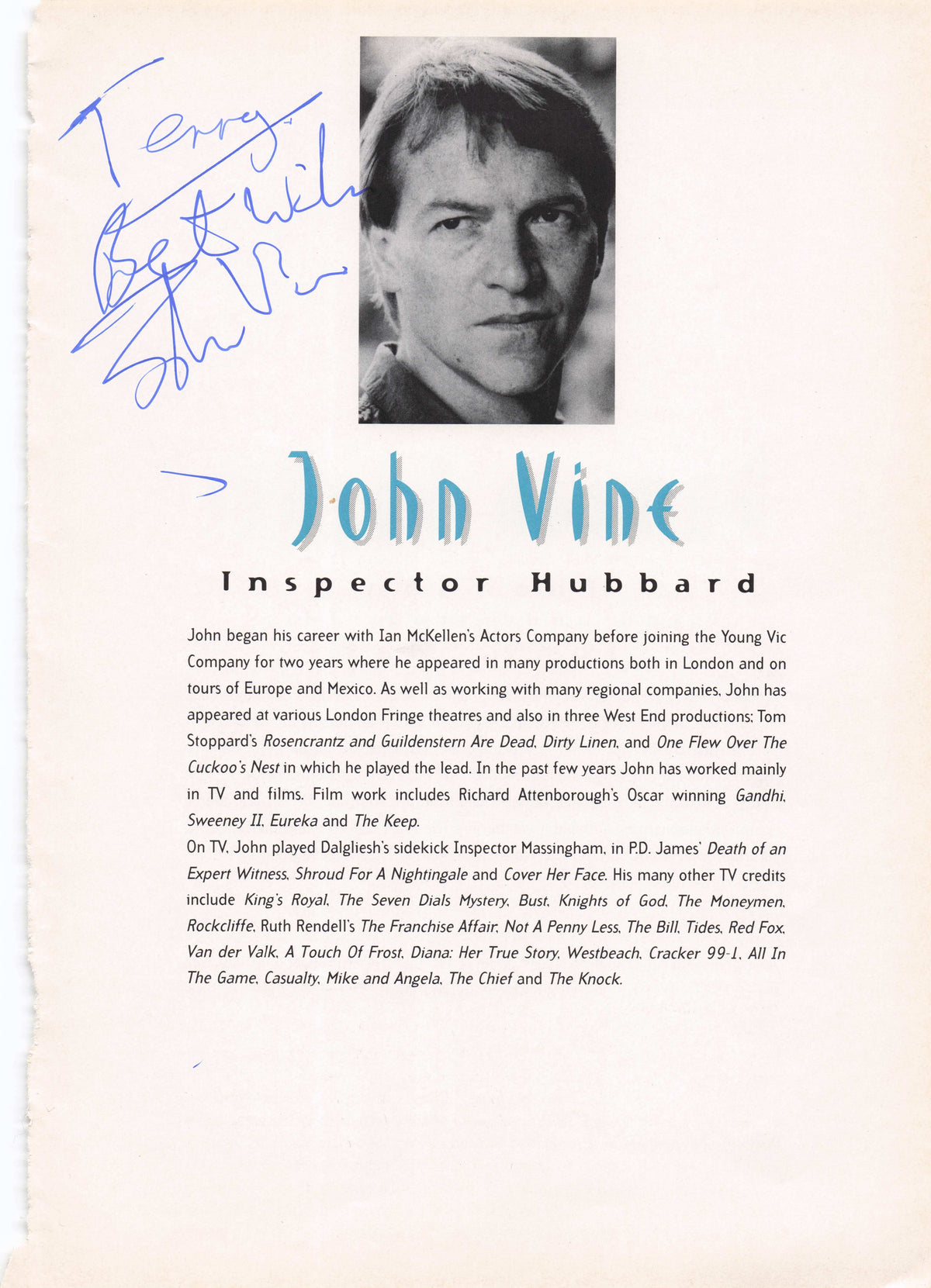 John Vine of Gandhi Vintage RARE Hand Signed Theatre Photo Page