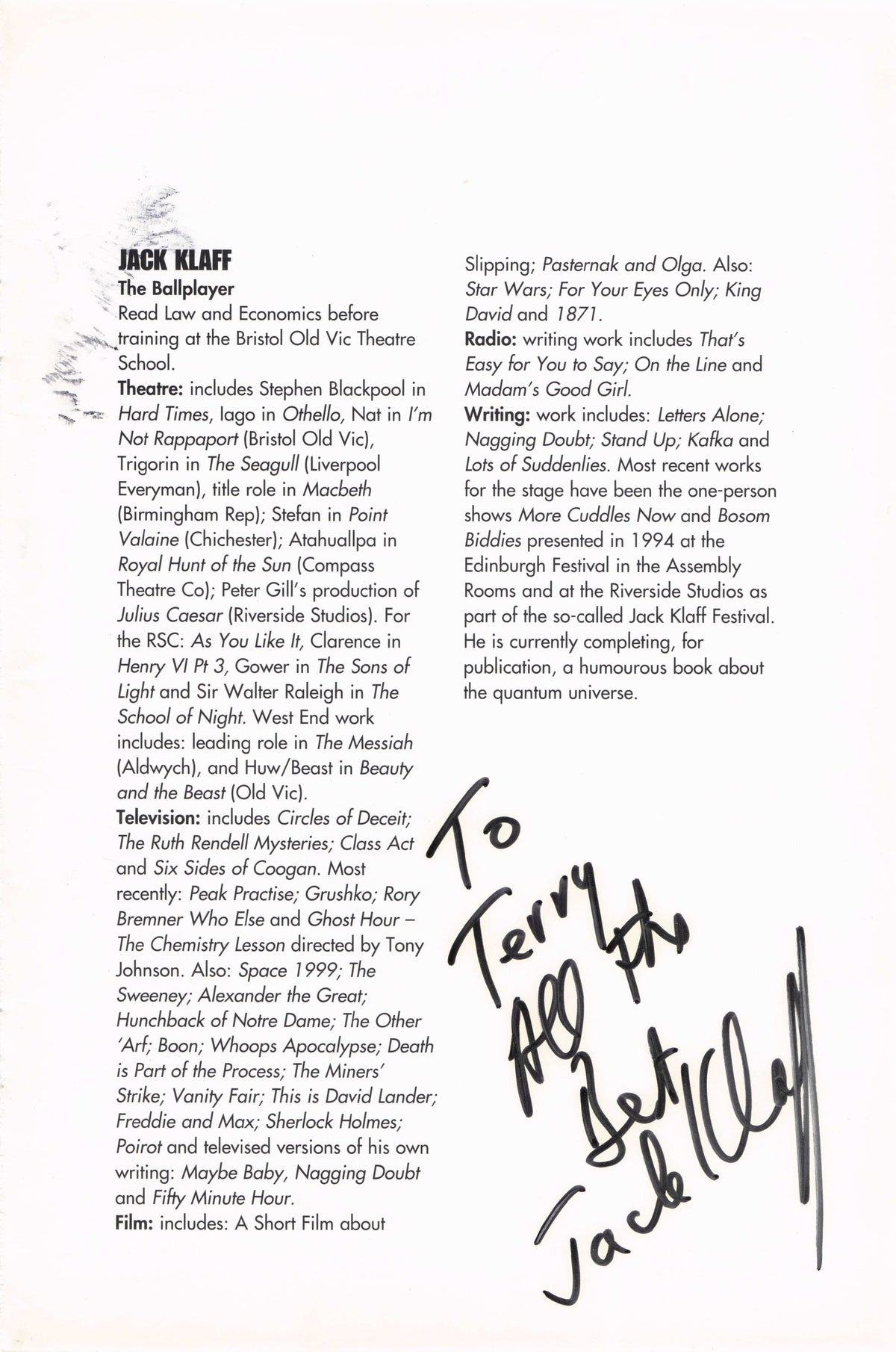 Jack Klaff James Bond Red Dwarf Star Wars IV Vintage Hand Signed Theatre Page