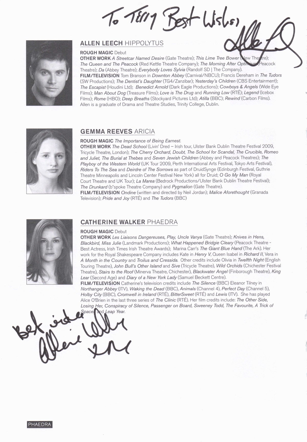 Allen Leach Downton Abbey Sarah Greene Catherine Walker Hand Signed Photo Page
