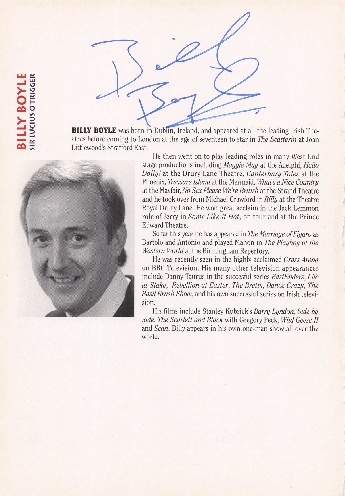 Mr Billy Boyle of The 1970s Basil Brush Show Hand Signed Theatre Photo Page