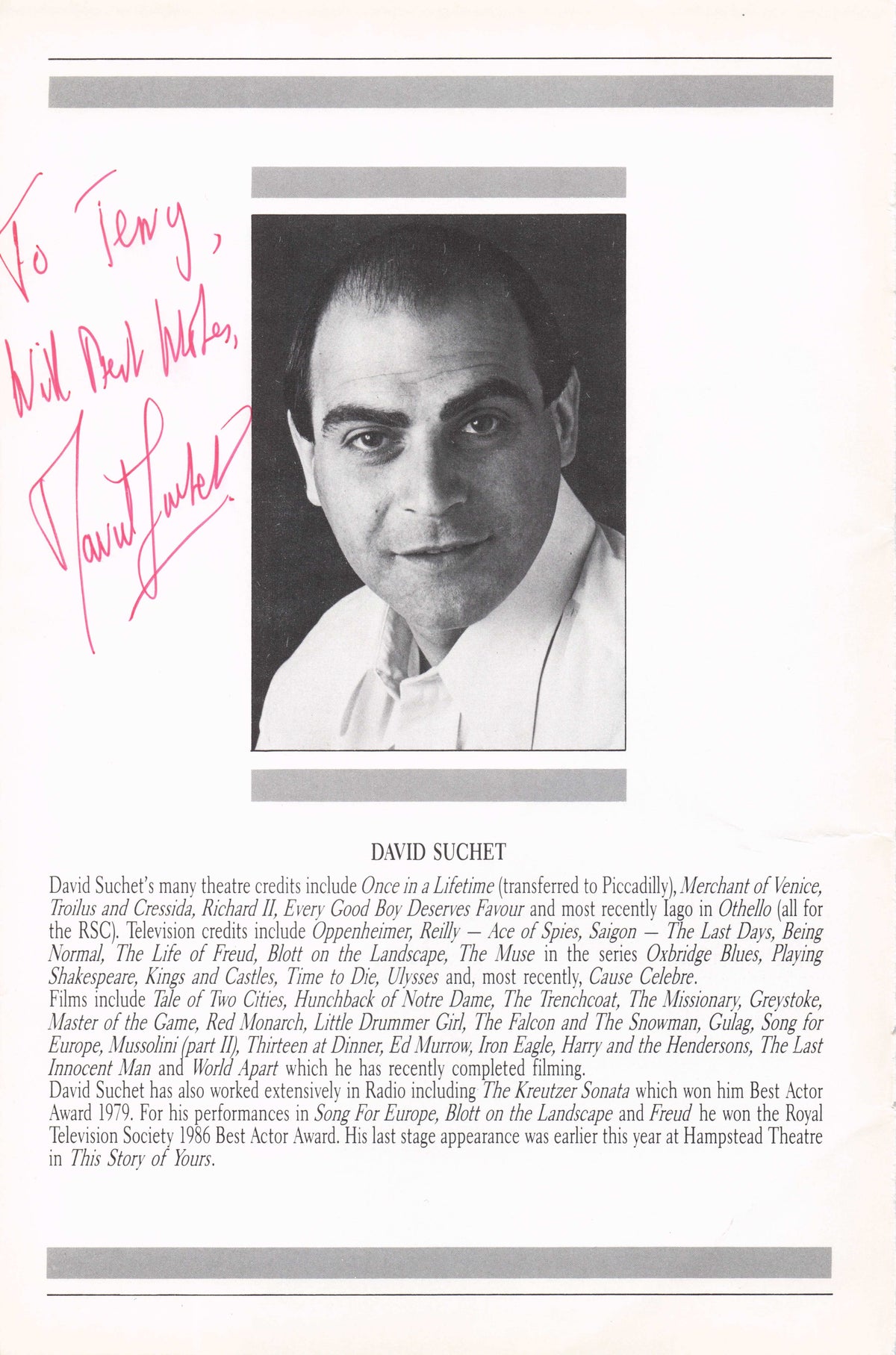 David Suchet Of Agatha Christie's Poirot Vintage Hand Signed Theatre Photo Page