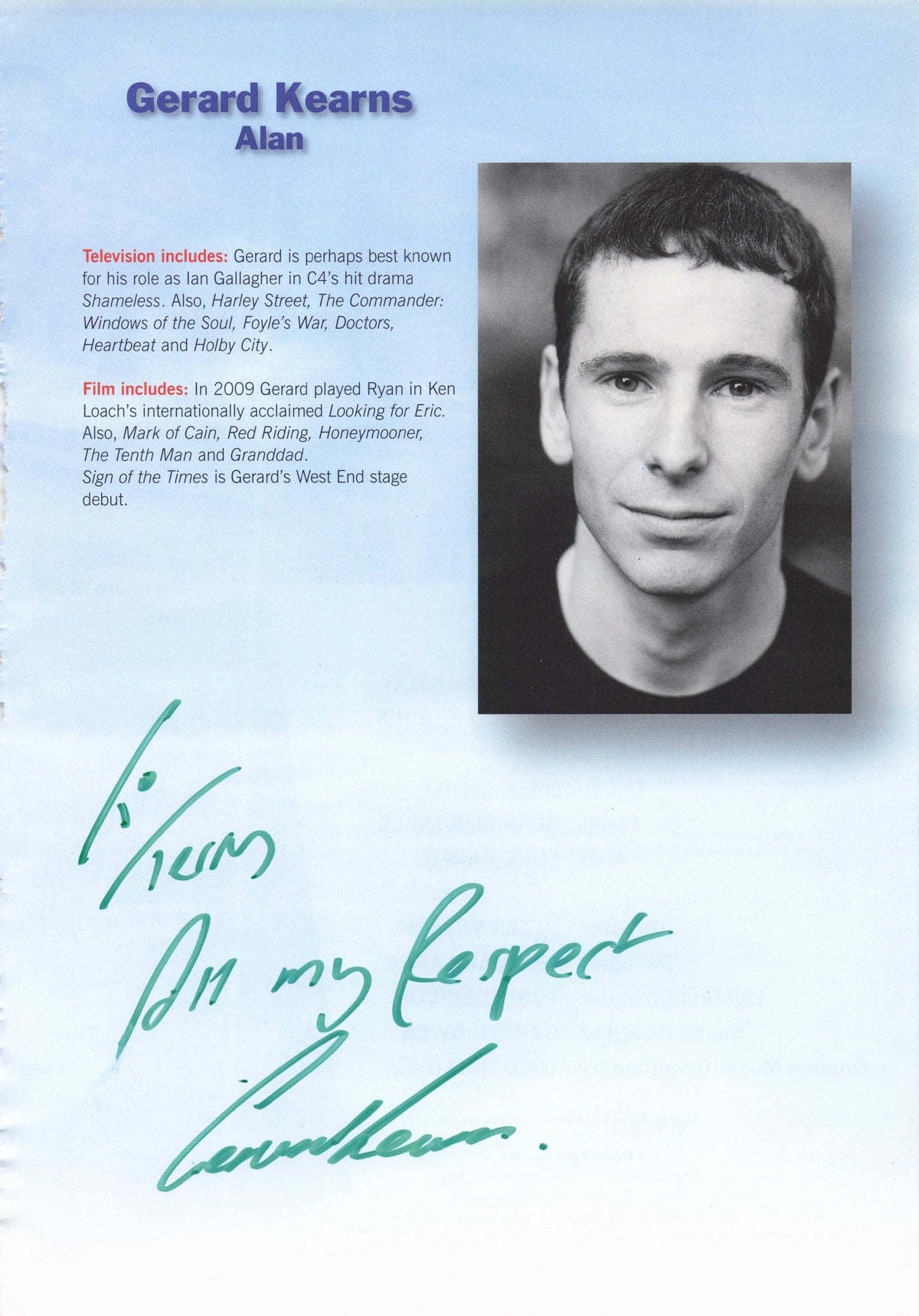 Gerard Kearns Of Shameless Vintage Hand Signed Theatre Photo Page