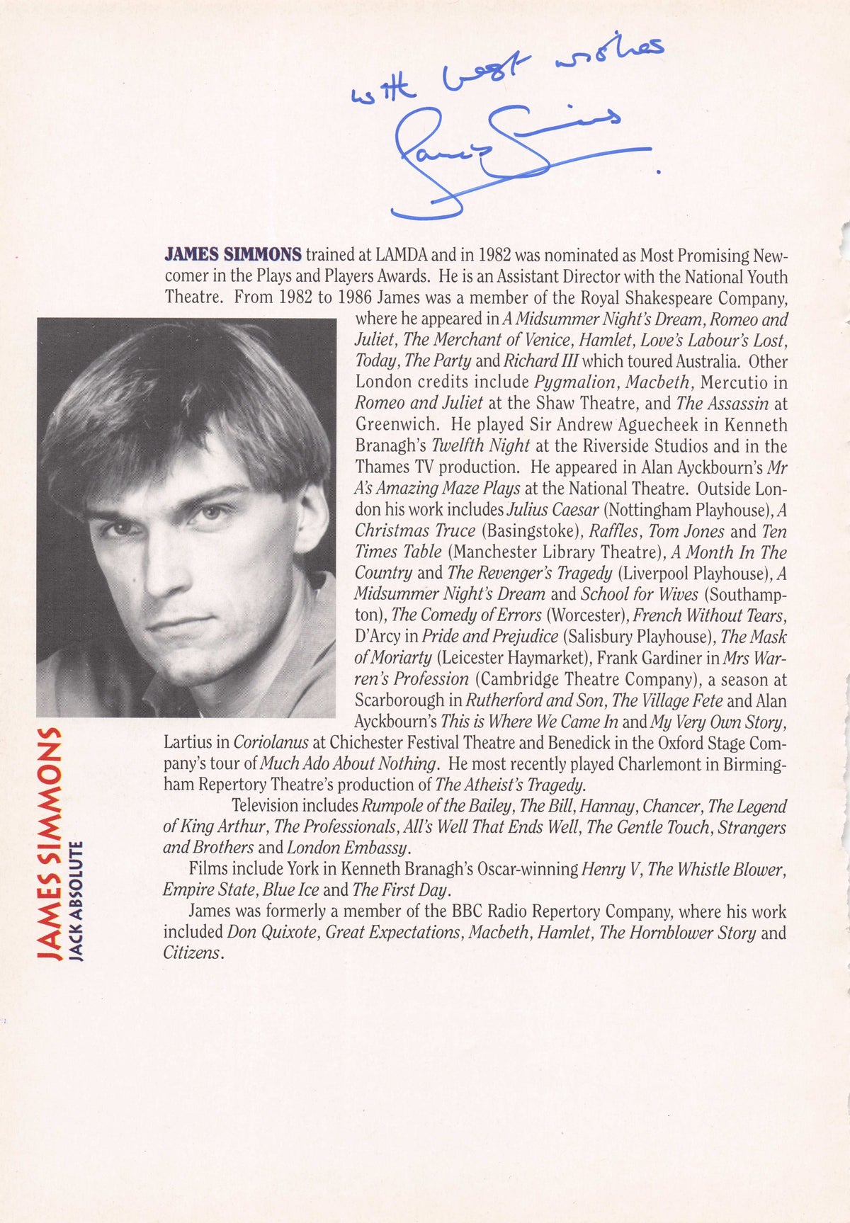James Simmons Lion King Les Miserables Henry V Hand Signed Theatre Photo Page