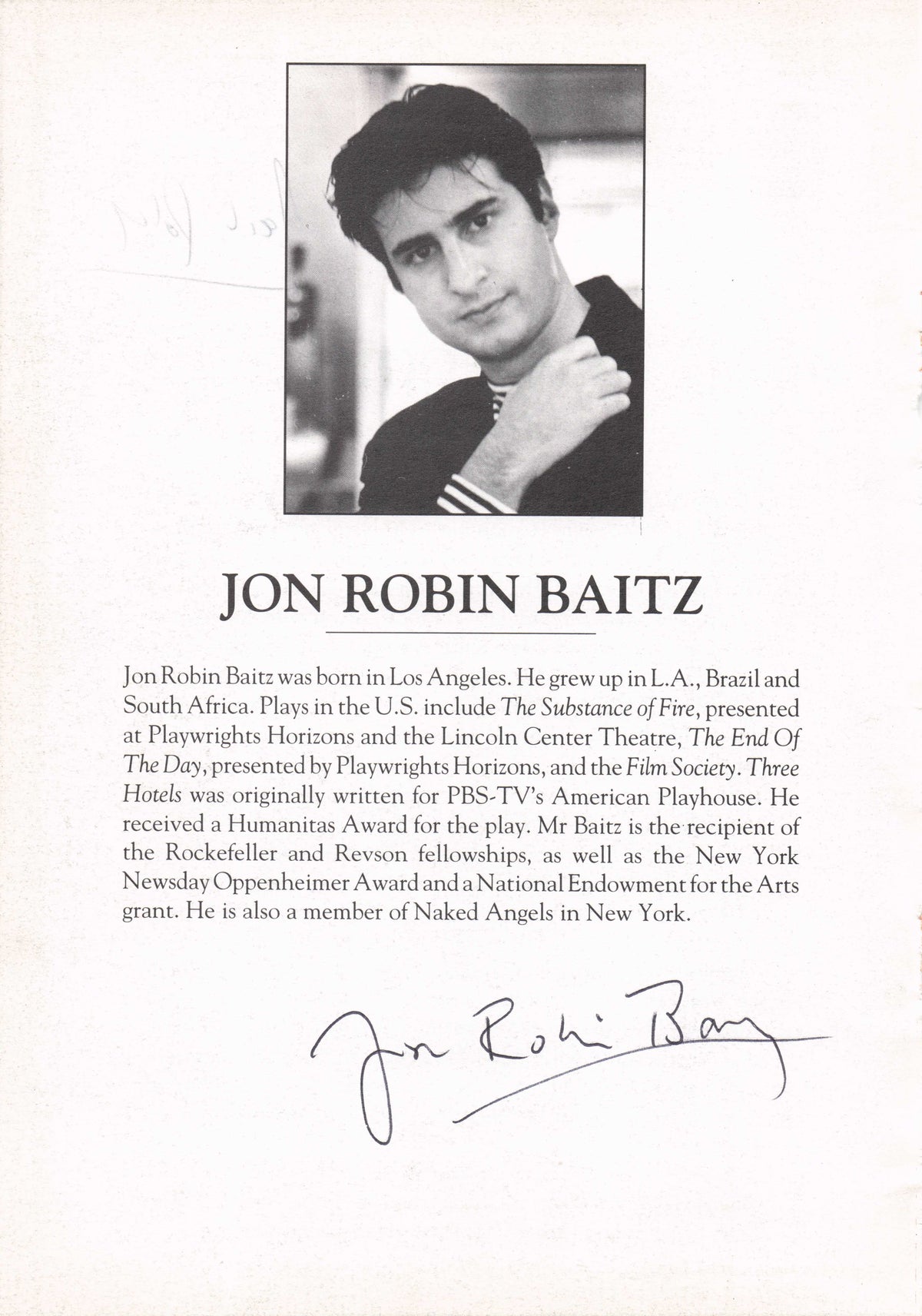 Jon Robin Baitz Of Brothers & Sisters Hand Signed Theatre Photo Page