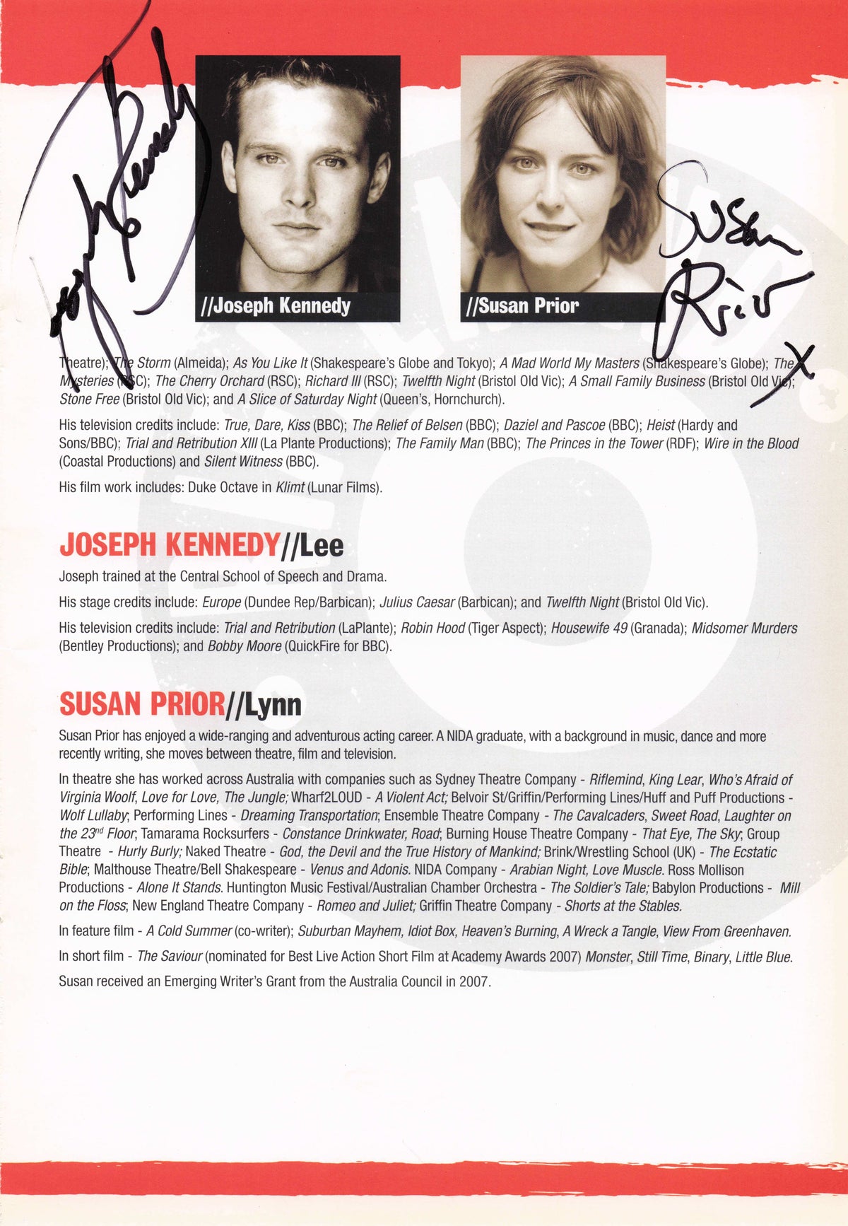 Steve Rodgers Jeremy Sims Joseph Kennedy Susan Prior 4x Signed Theatre Page