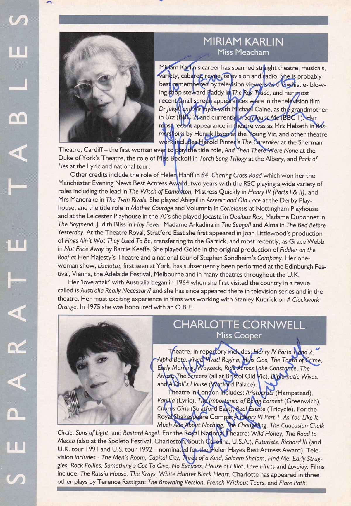 Charlotte Cornwell Rock Follies Mirian Karlin Patricia Hodge Hand Signed Theatre Page