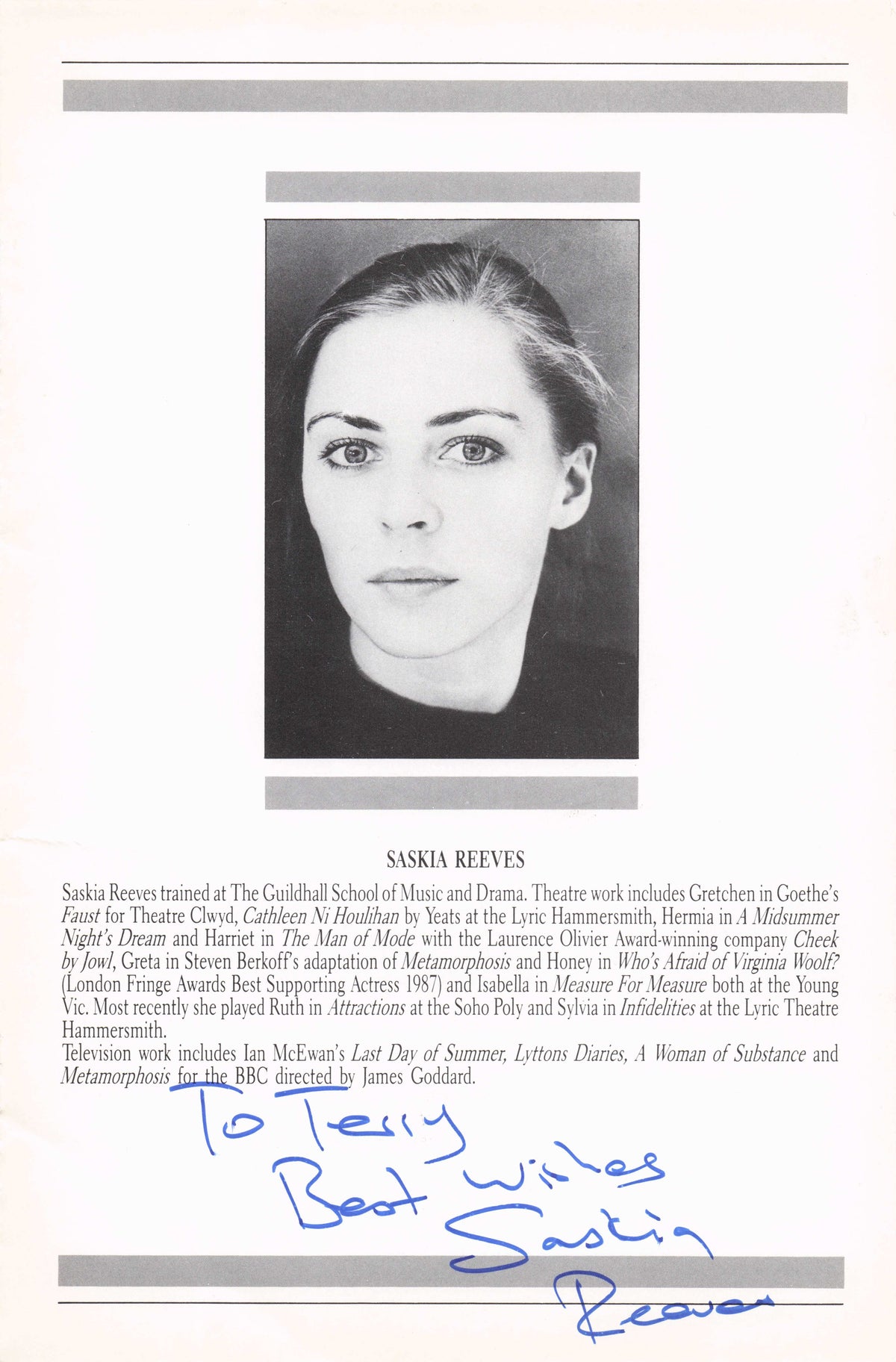 Saskia Reeves Of Slow Horses Dune Luther Vintage Hand Signed Theatre Photo Page