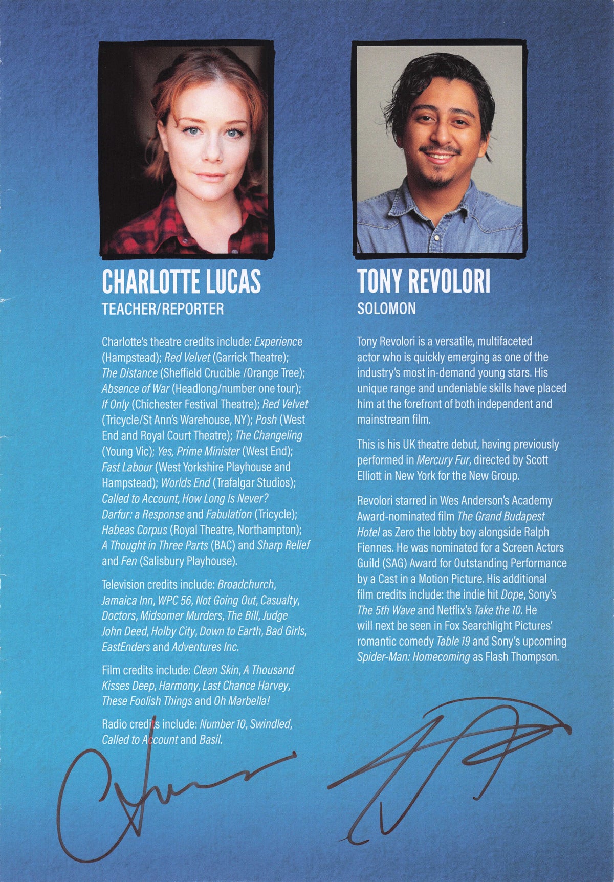 Charlotte Lucas Bad Girls Tony Revolori Spiderman Hand Signed Theatre Photo Page