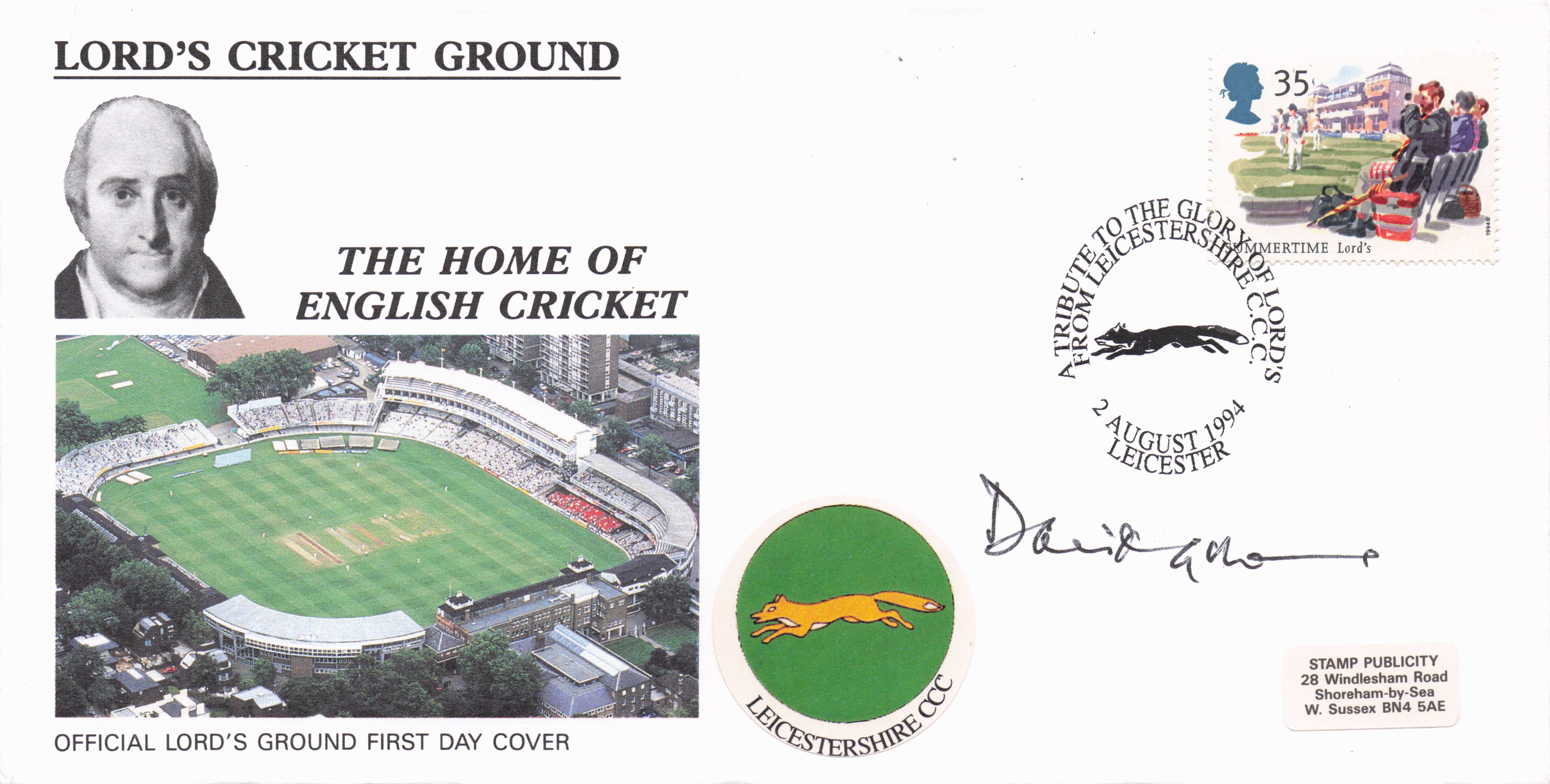 David Gower Lords Cricket Ground Leicester 1994 OBE Award Hand Signed FDC