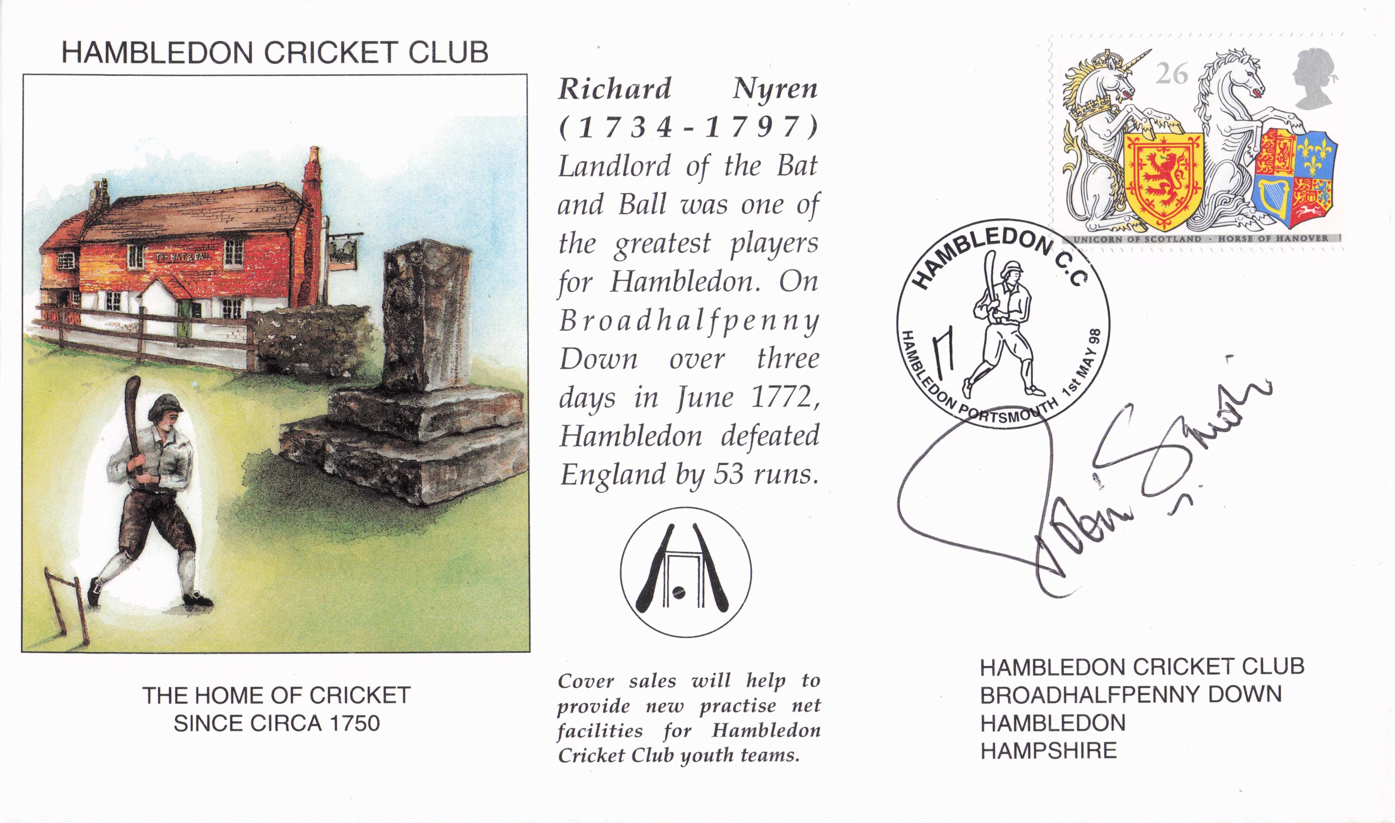 Robin Smith Hambledon Cricket Club Hampshire 1998 Hand Signed FDC