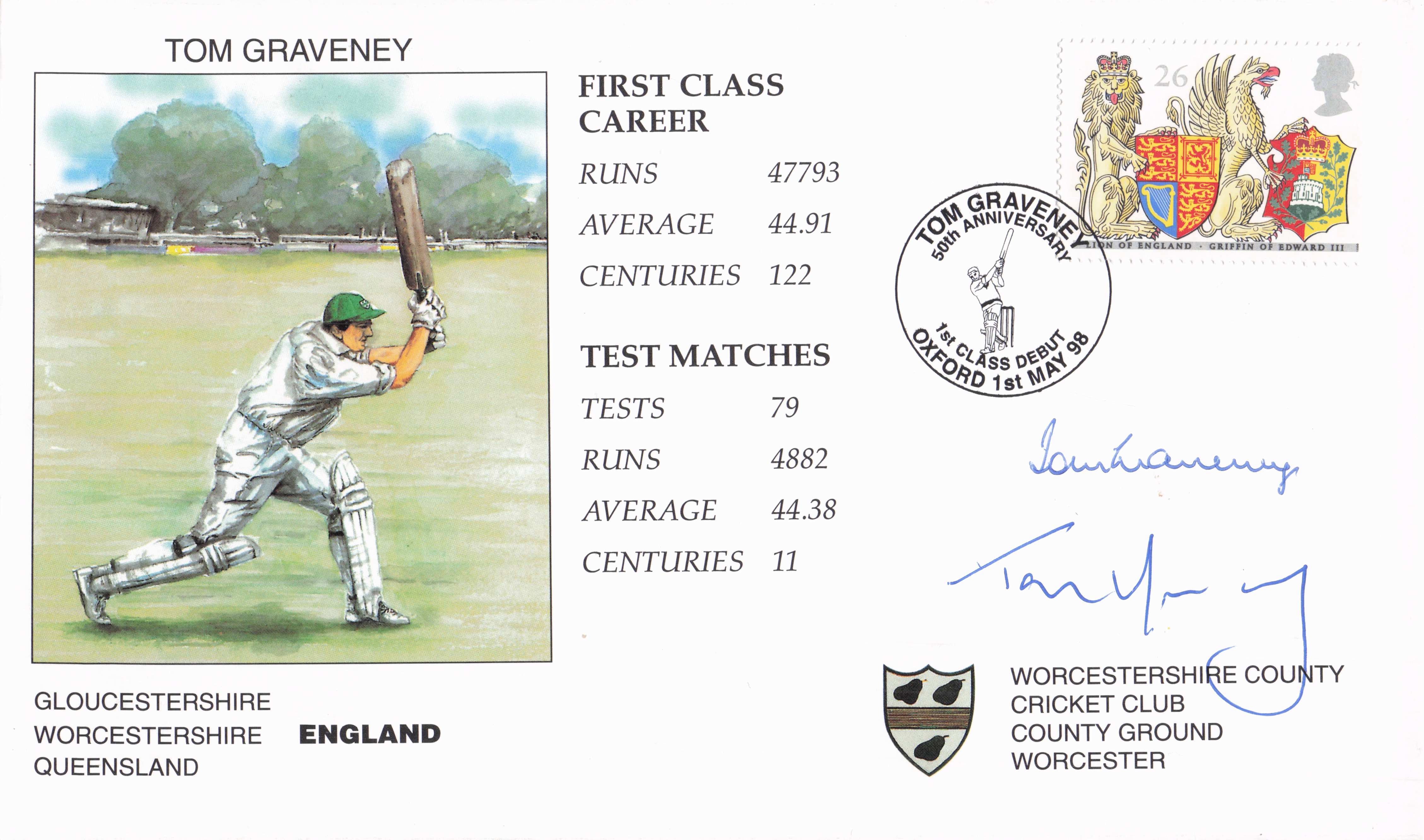 Tom Graveney Moody Gloucester Worcester Cricket MULTI Hand Signed FDC