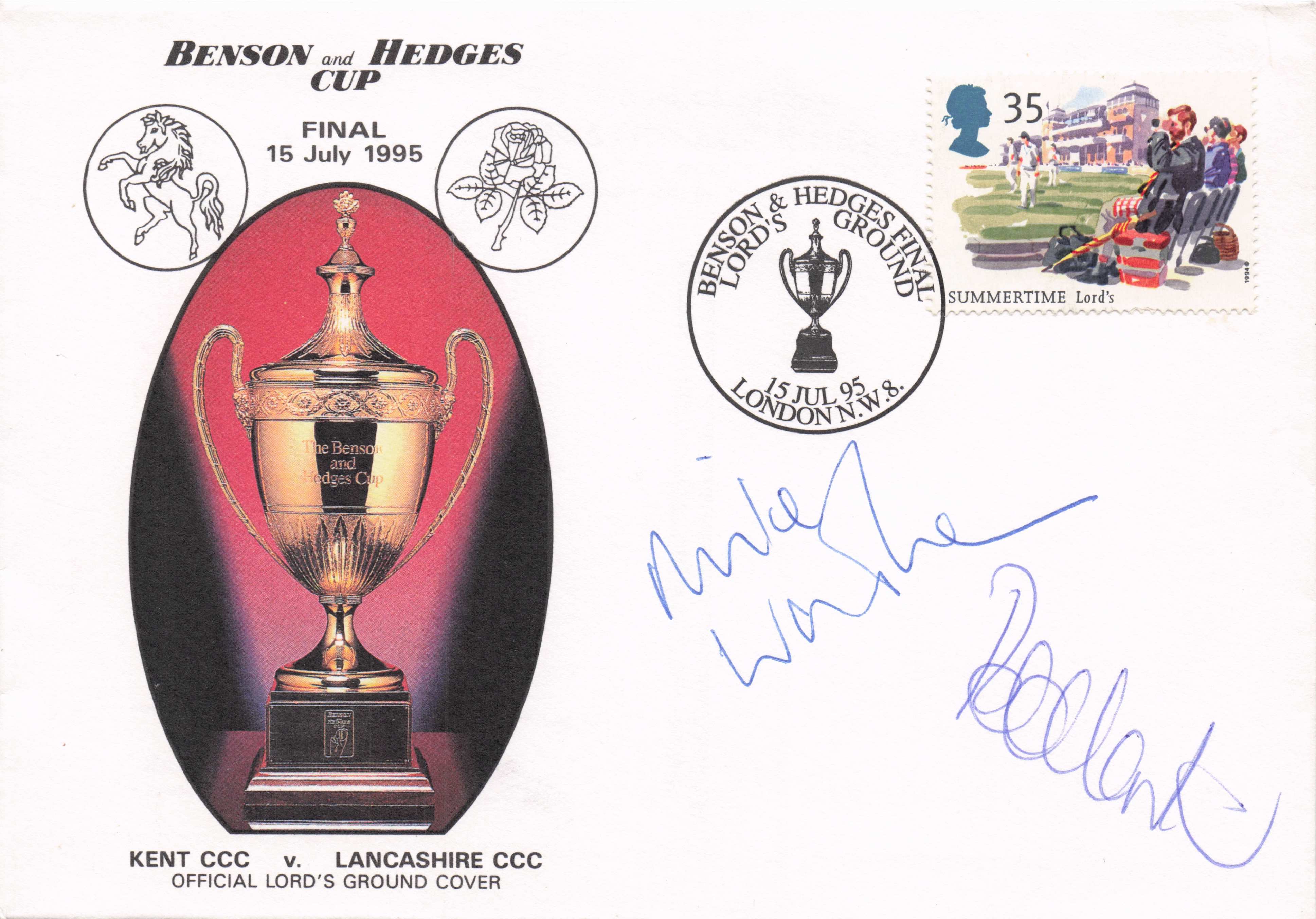 Mike Watkinson Peter Martin Lancashire Kent B&H Cup 1995 Final Hand Signed FDC