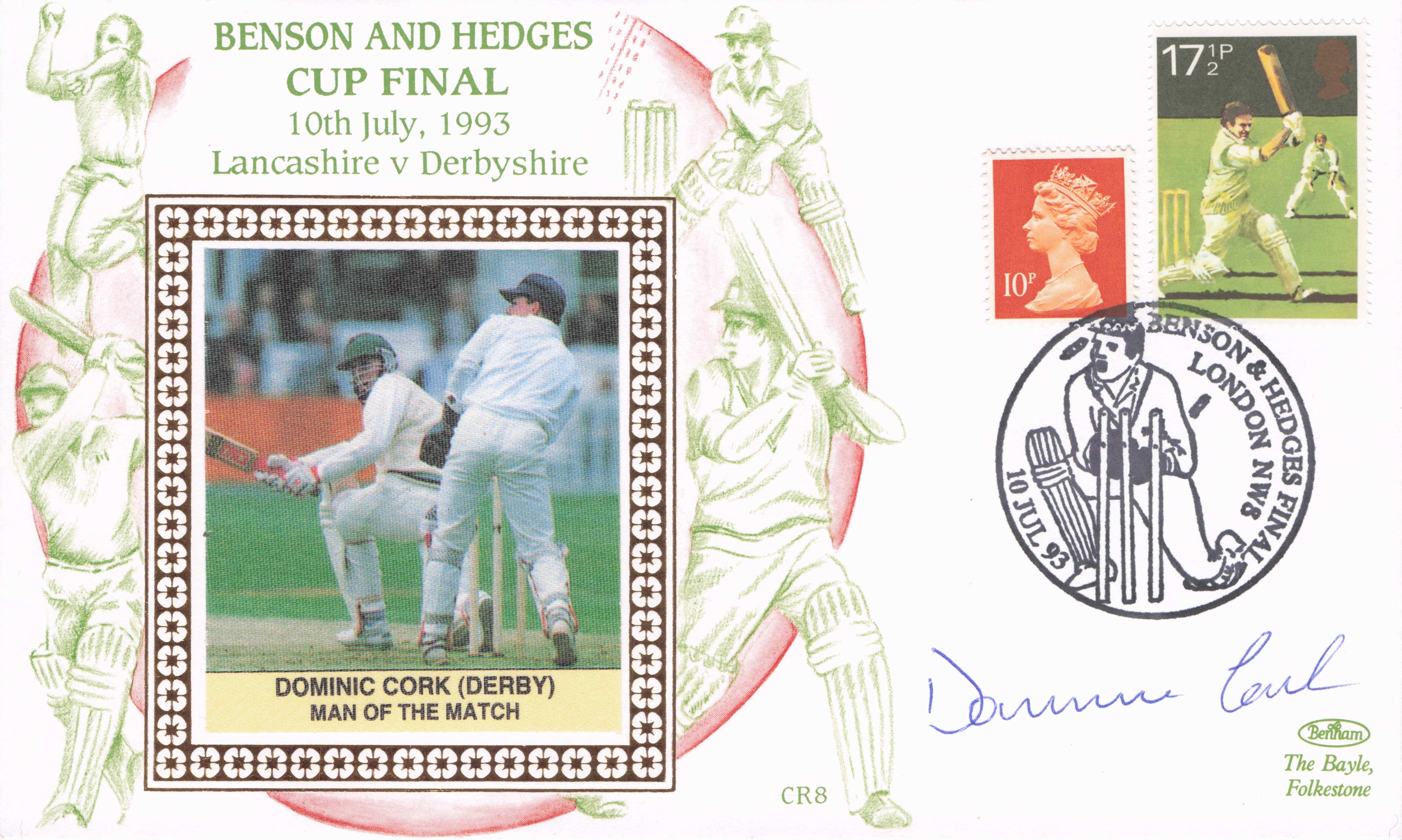 Dominic Cork Lancashire vs Derby 1993 B&H Cricket Cup Final Hand Signed FDC
