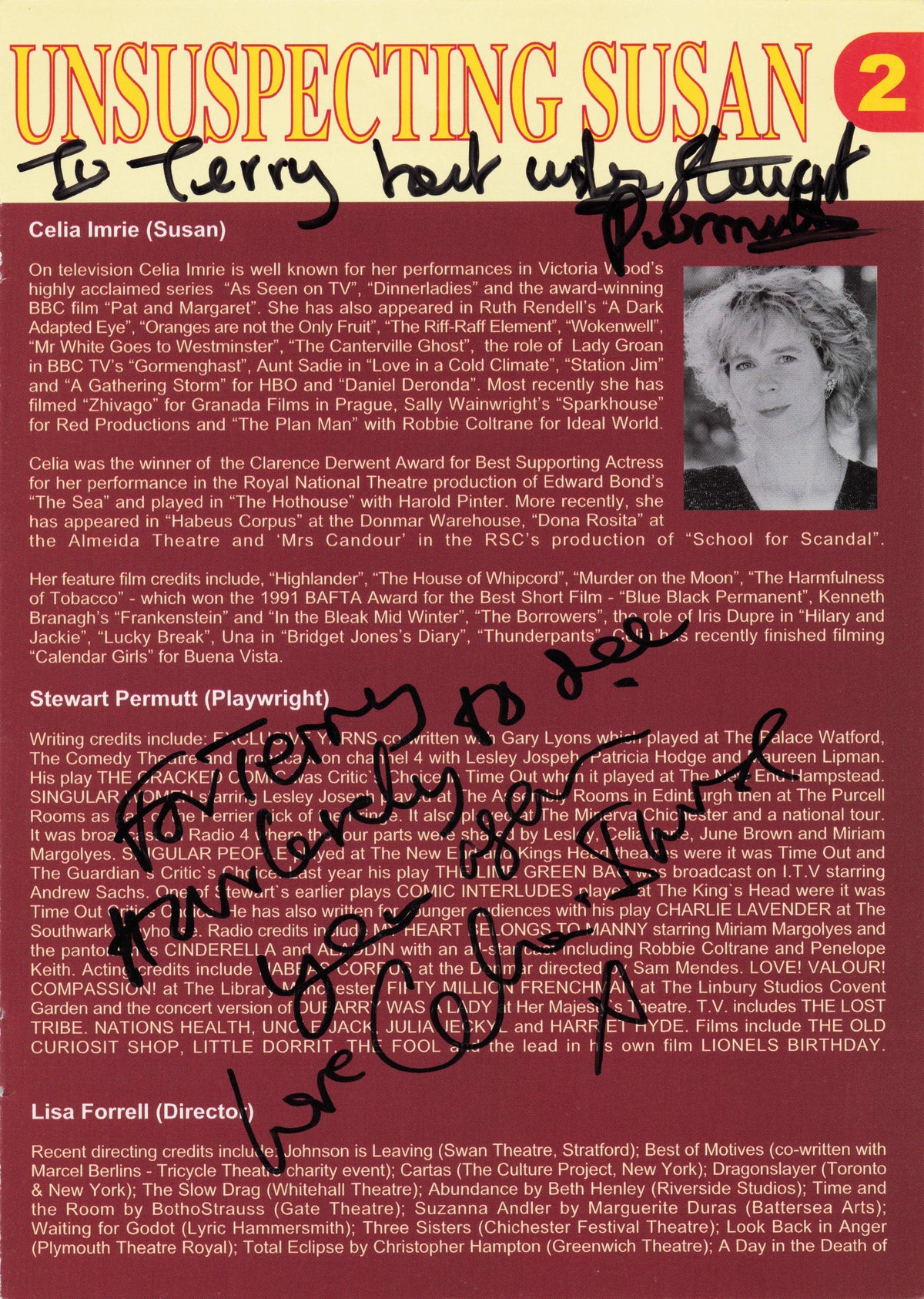 Celia Imrie Traitors Mamma Mia Stewart Permutt Playwright Hand Signed Photo Page