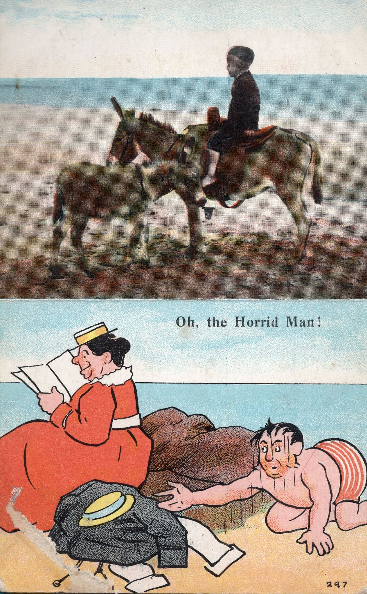 Horrid Man to Fat Lady Beach Jokes Prankster Old Comic Postcard