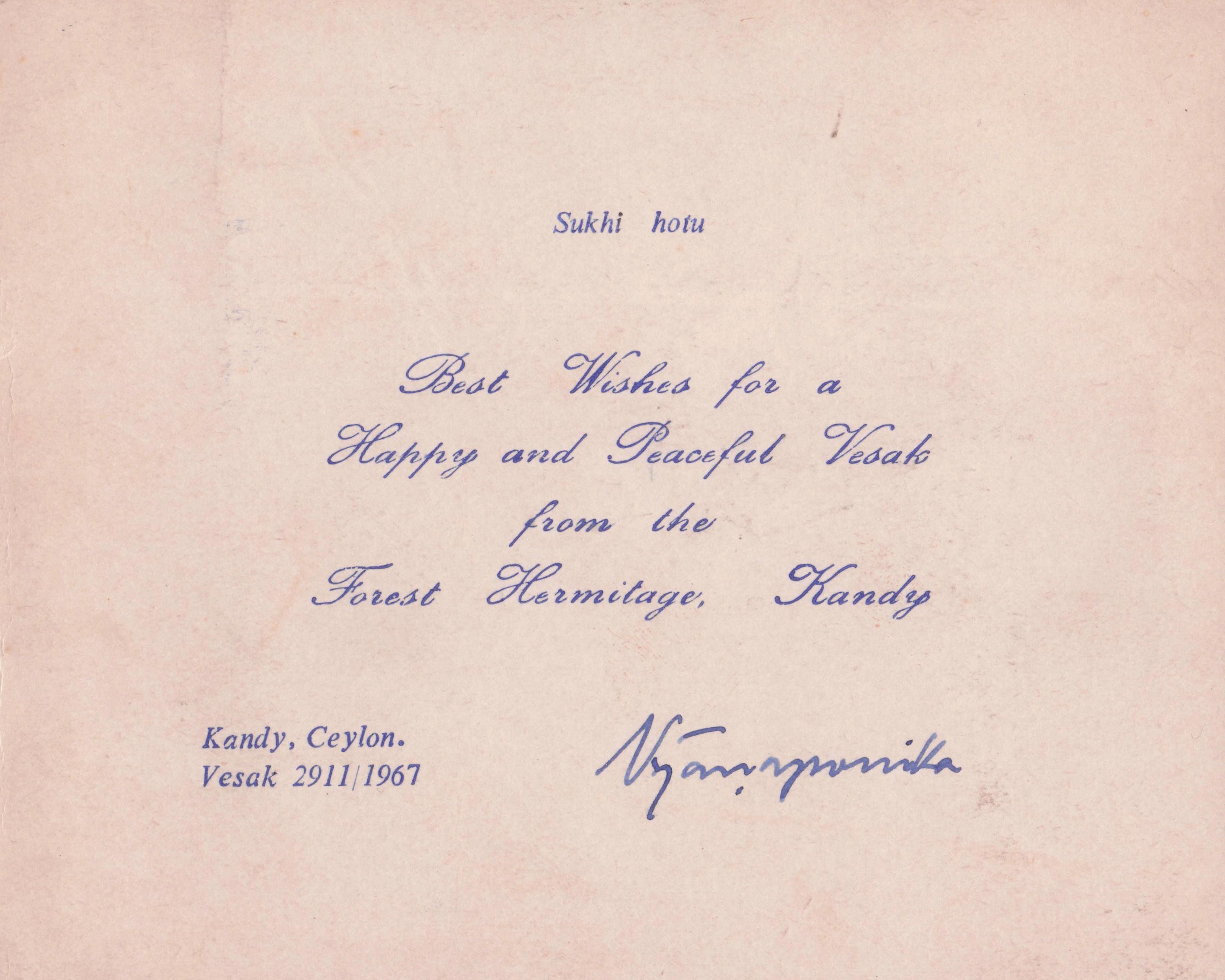 Nyanaponika Thera Antique 1967 Buddhist Forest Hermitage Kandy Hand Signed Card