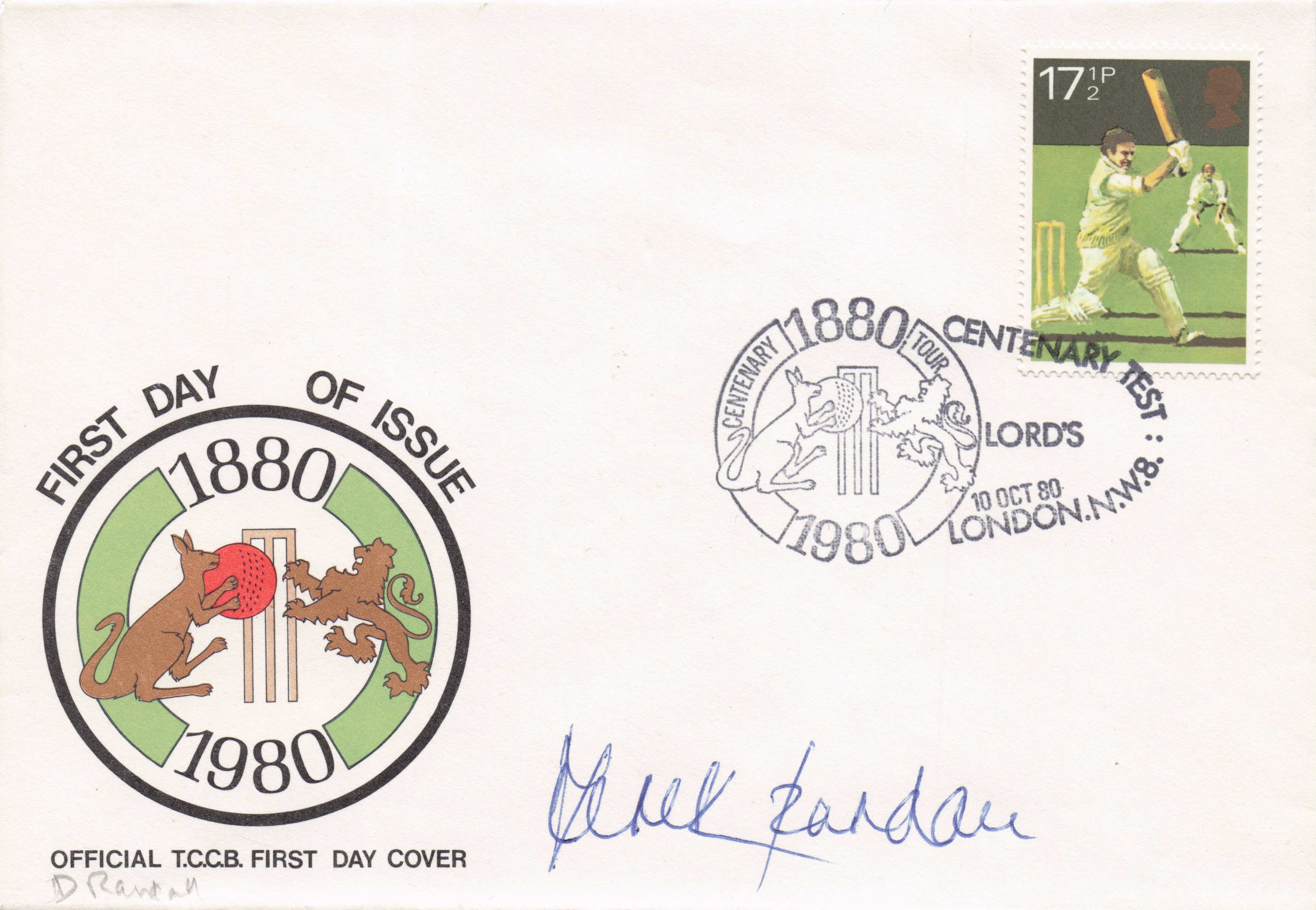 Derek Randall Nottinghamshire England Cricket Centenary 1980 Hand Signed FDC