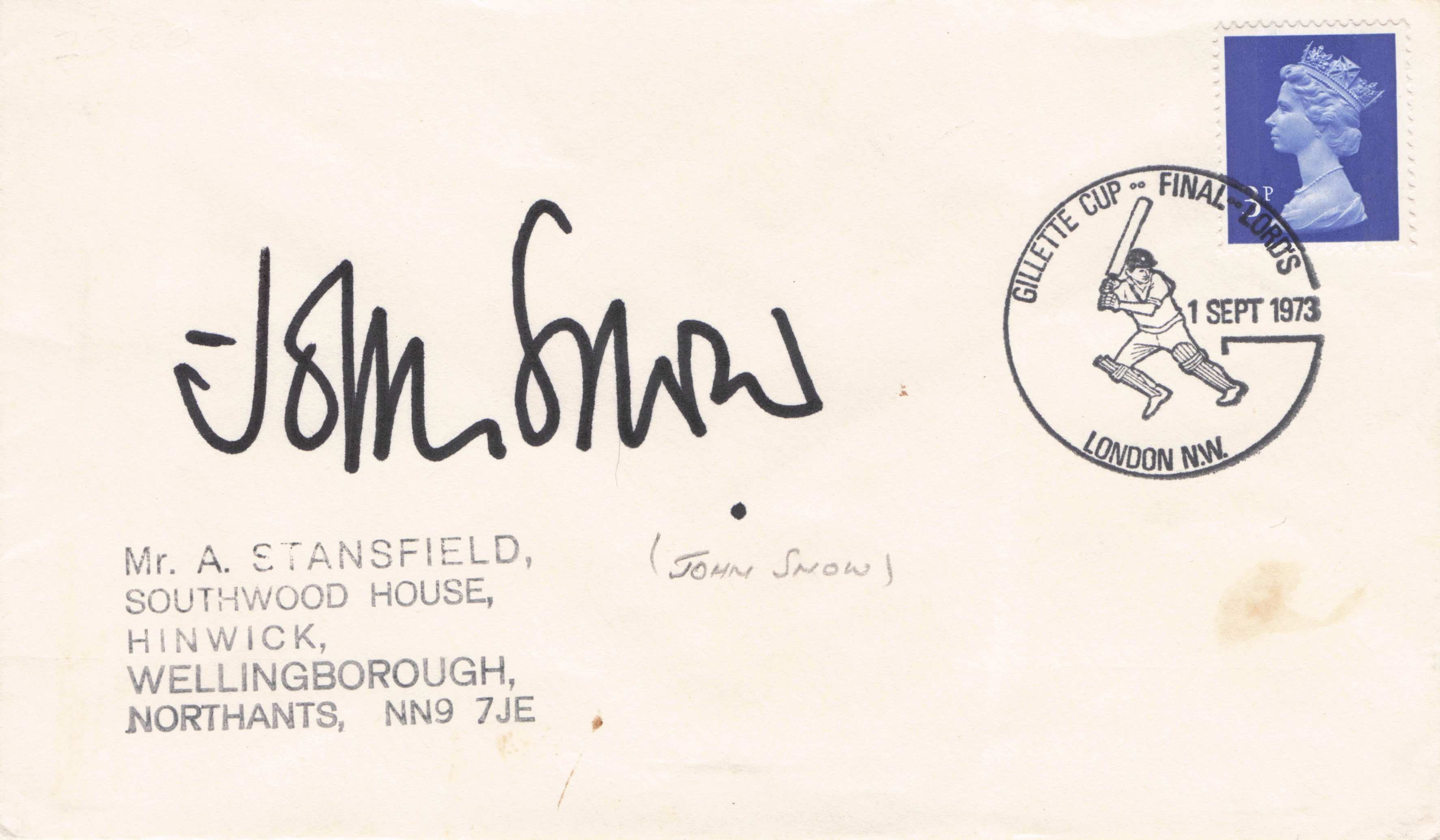John Snow Of Sussex Cricket 1973 Gilette Cup Final RARE Old Hand Signed Cover