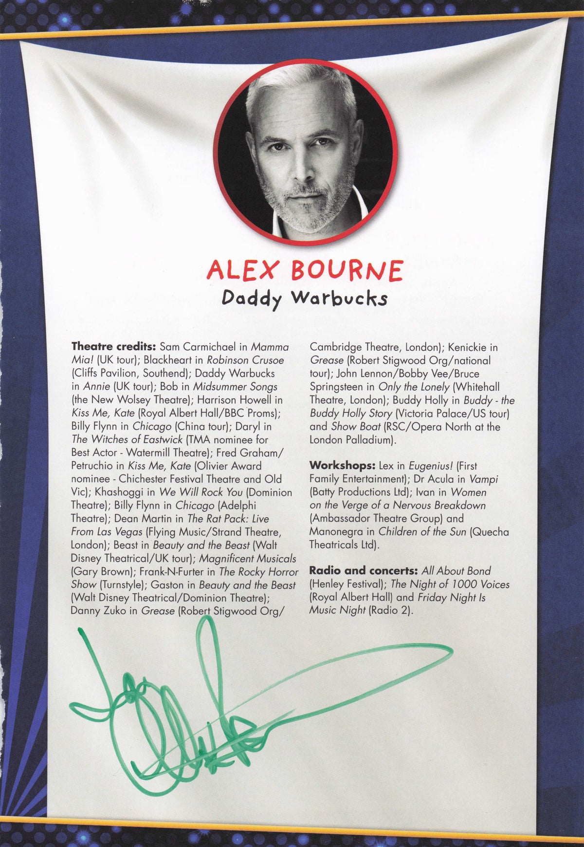 Alex Bourne Daddy Warbucks In Annie Hand Signed Theatre Page Photo
