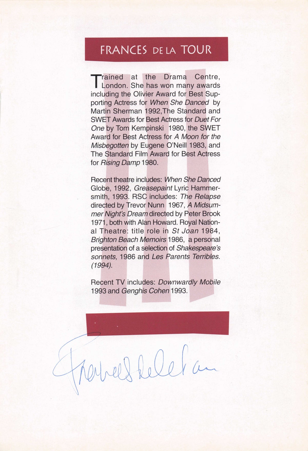 Frances De La Tour Miss Jones in Rising Damp Hand Theatre Theatre Page Autograph