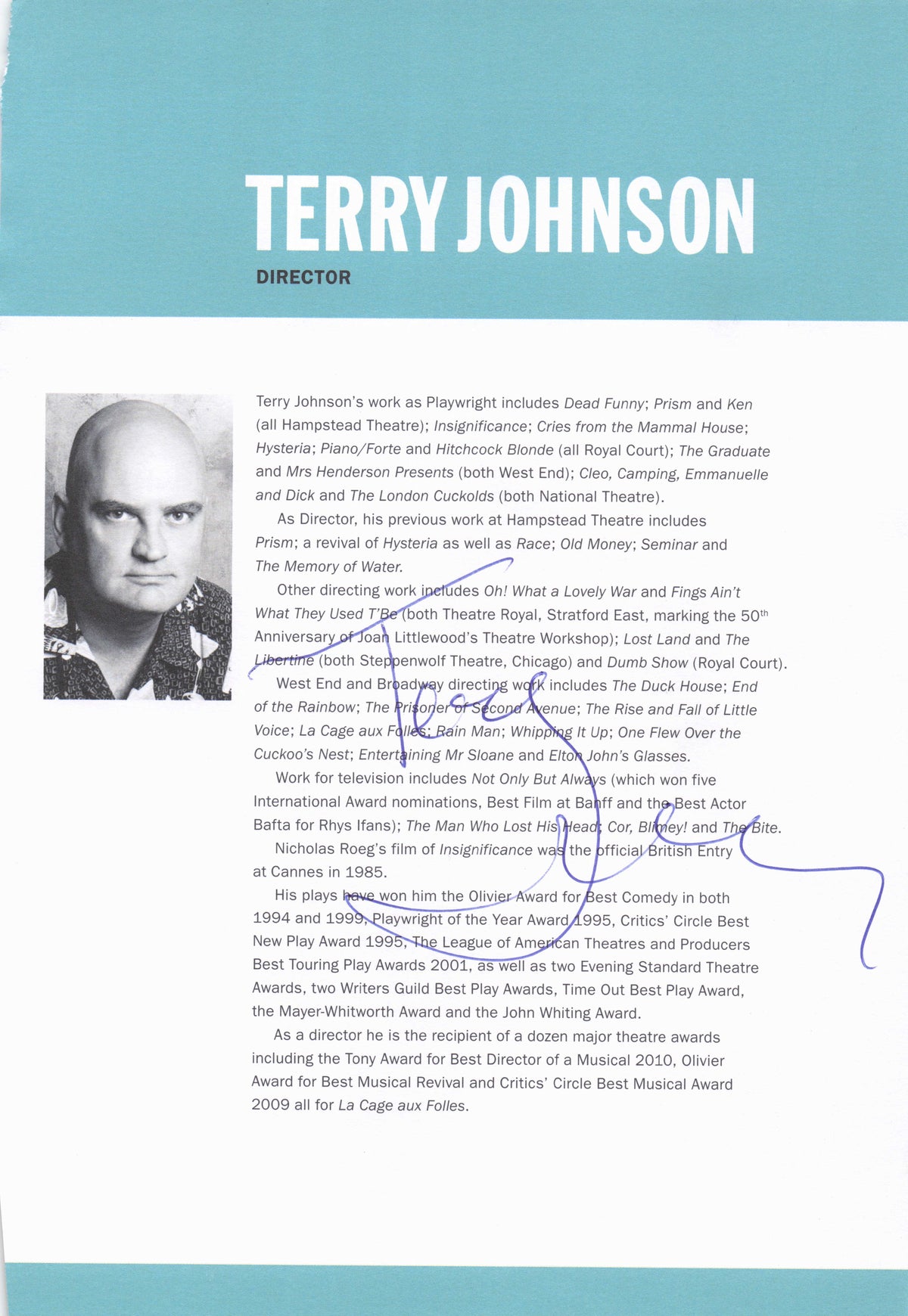 Terry Johnson Pet Shop Boys Musical Carry On Hand Signed Theatre Photo Page