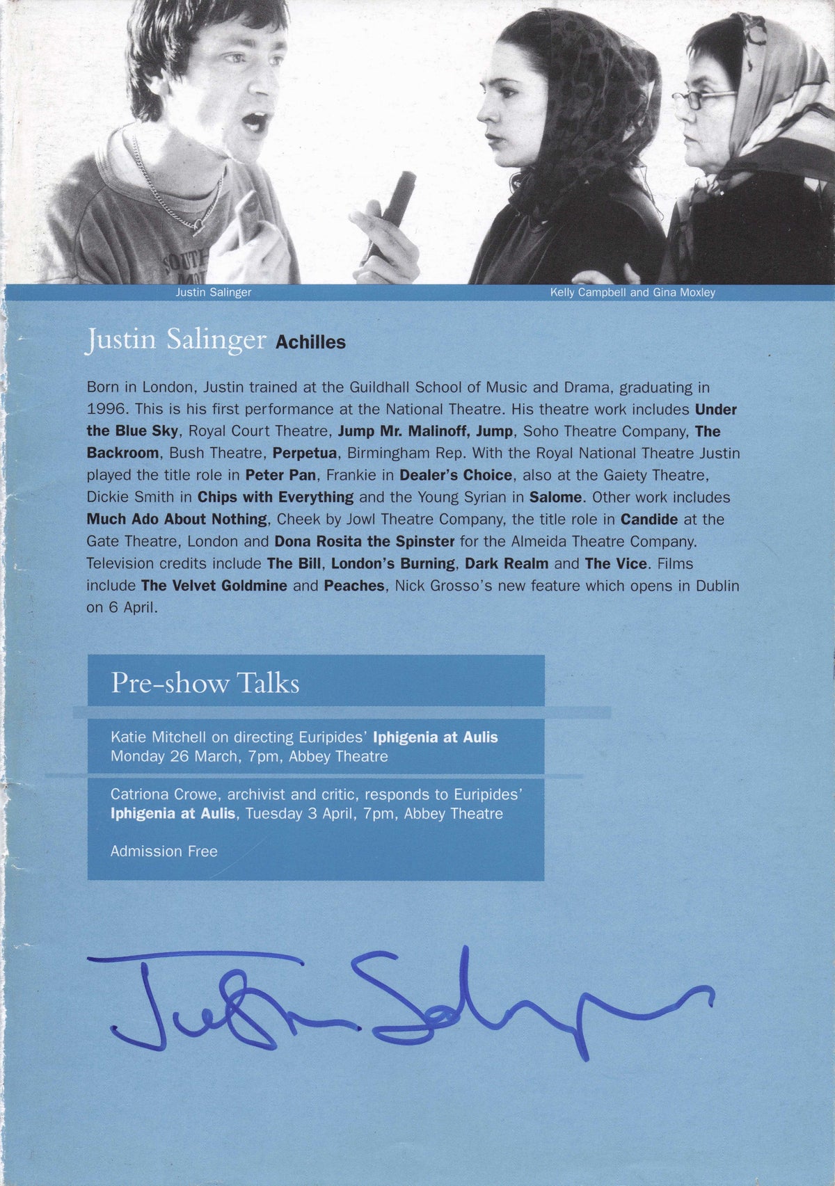 Justin Salinger Dr Who Hijack Hitler Everest Film Hand Signed Theatre Photo Page