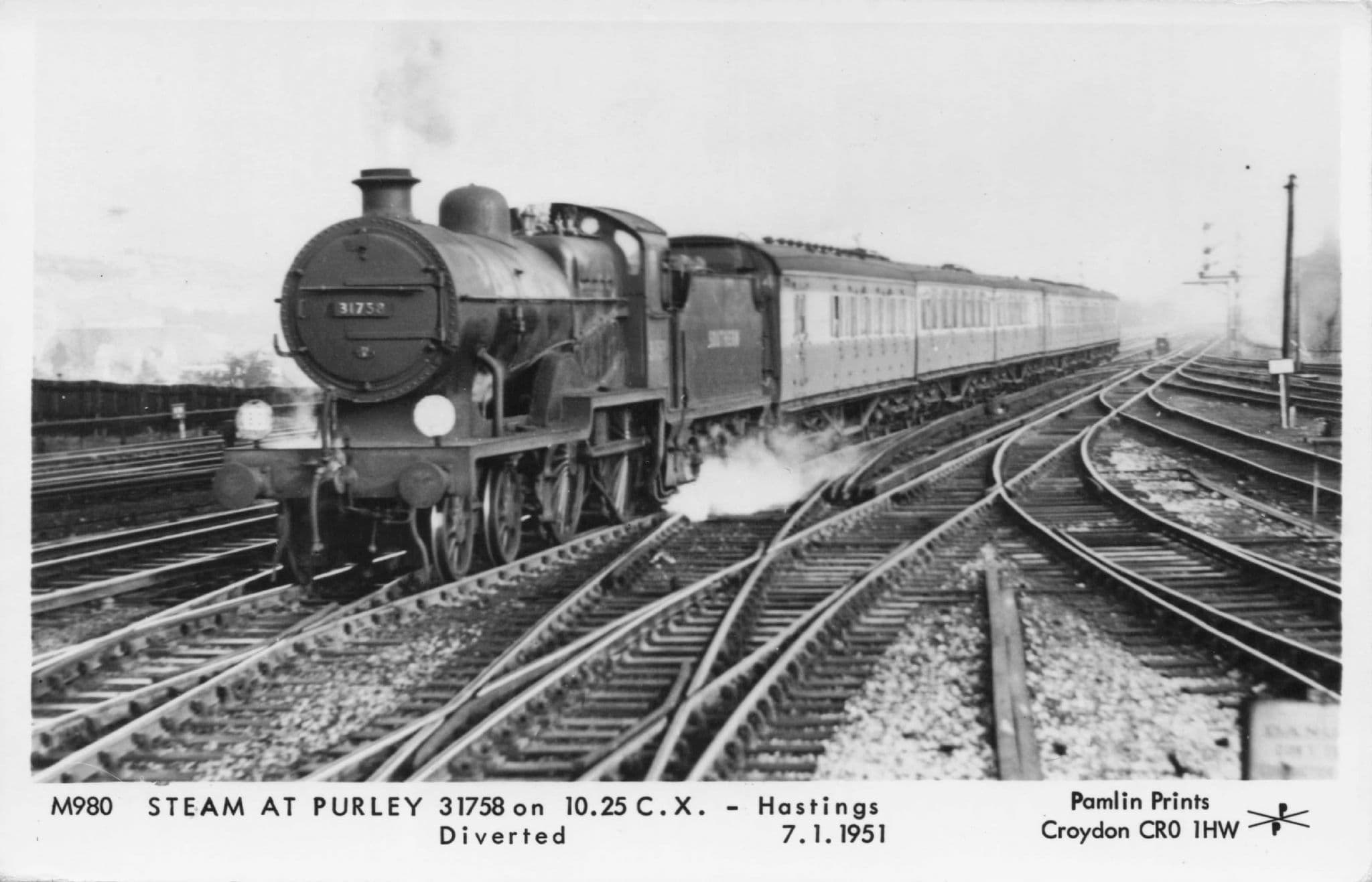 31758 Hastings Train at Purley Station in 1951 Pamlin Prints Railway RPC Postcard