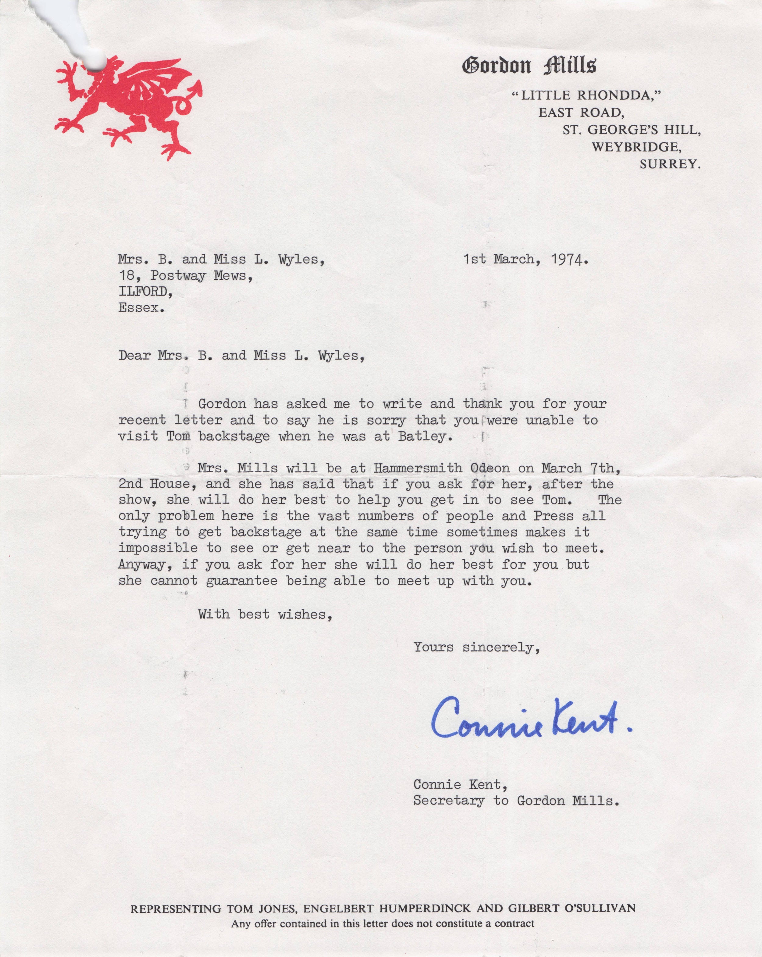 Tom Jones 1974 Live Back Stage Autograph Opportunity Secretary Signed Letter