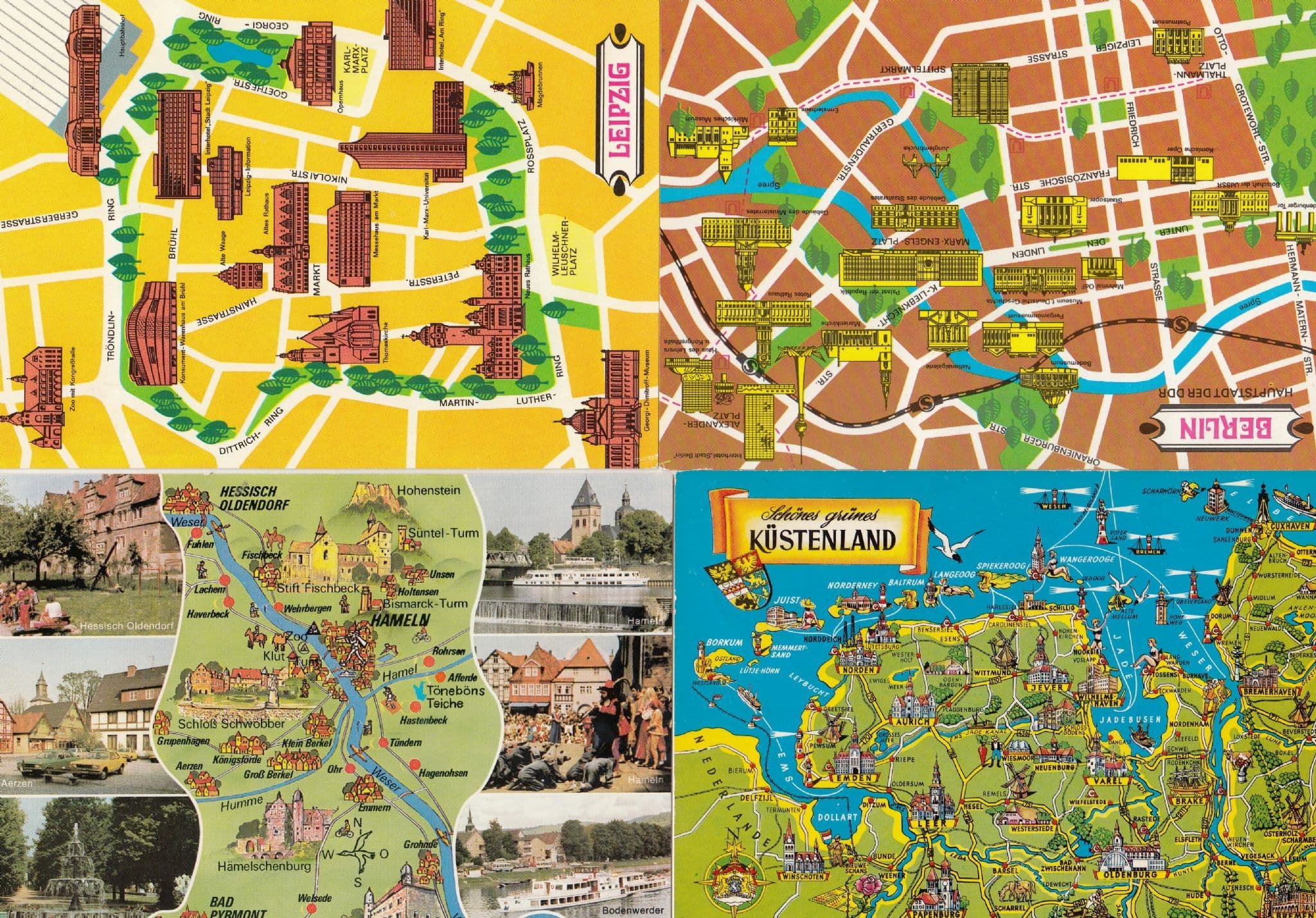Leipzig Weserbergland Kustenland Berlin 4x German Map Postcard s