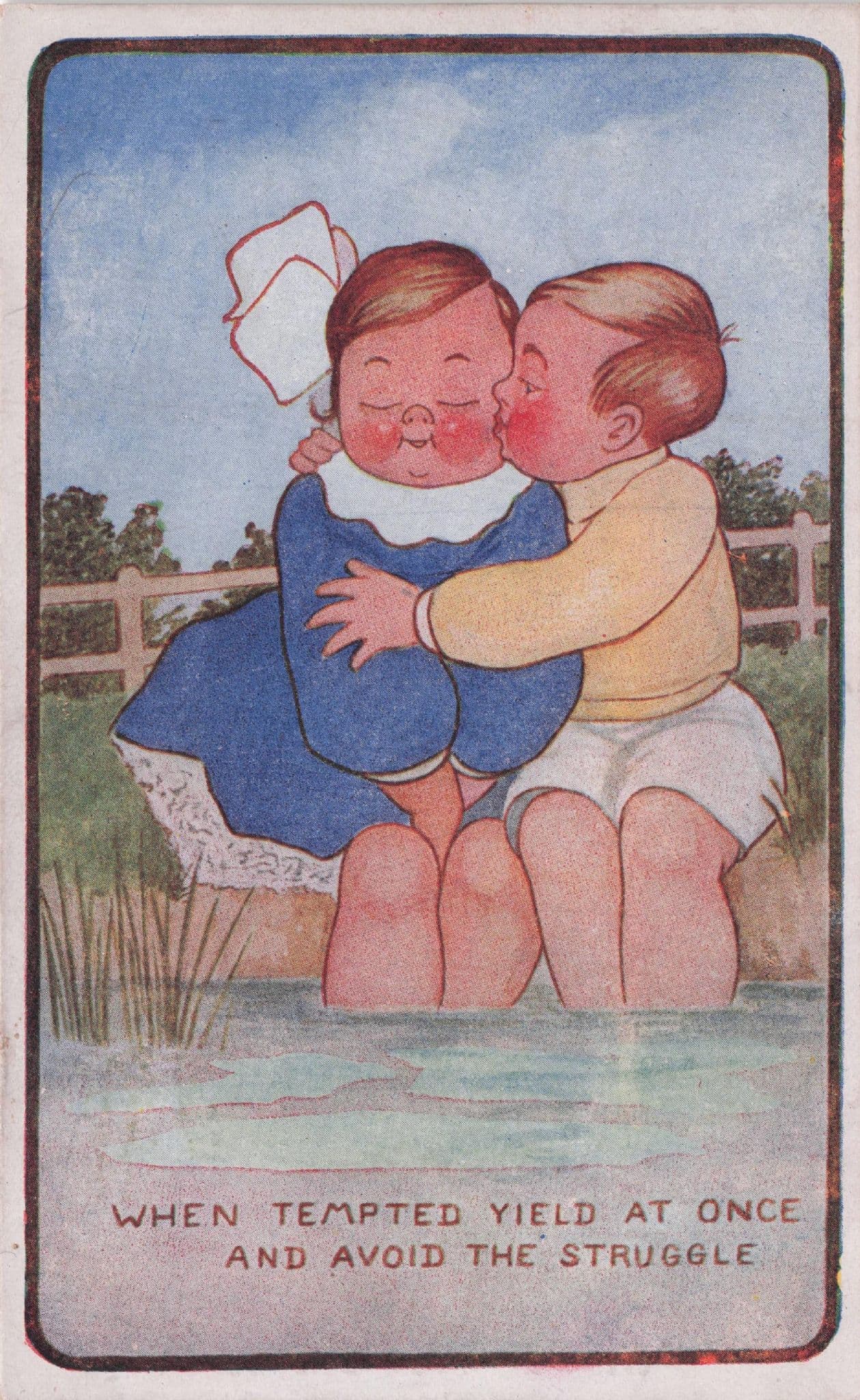 Chubby Fat Boy & Girl River Lake Romance Old Comic Postcard