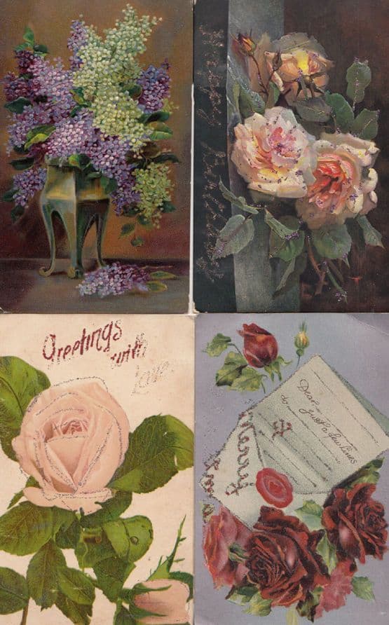 4x Real Glitter Floral Greeting Postcard s