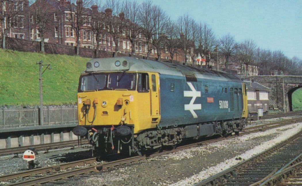 50009 Conqueror Train 50 Class at Exeter Railway Station Postcard