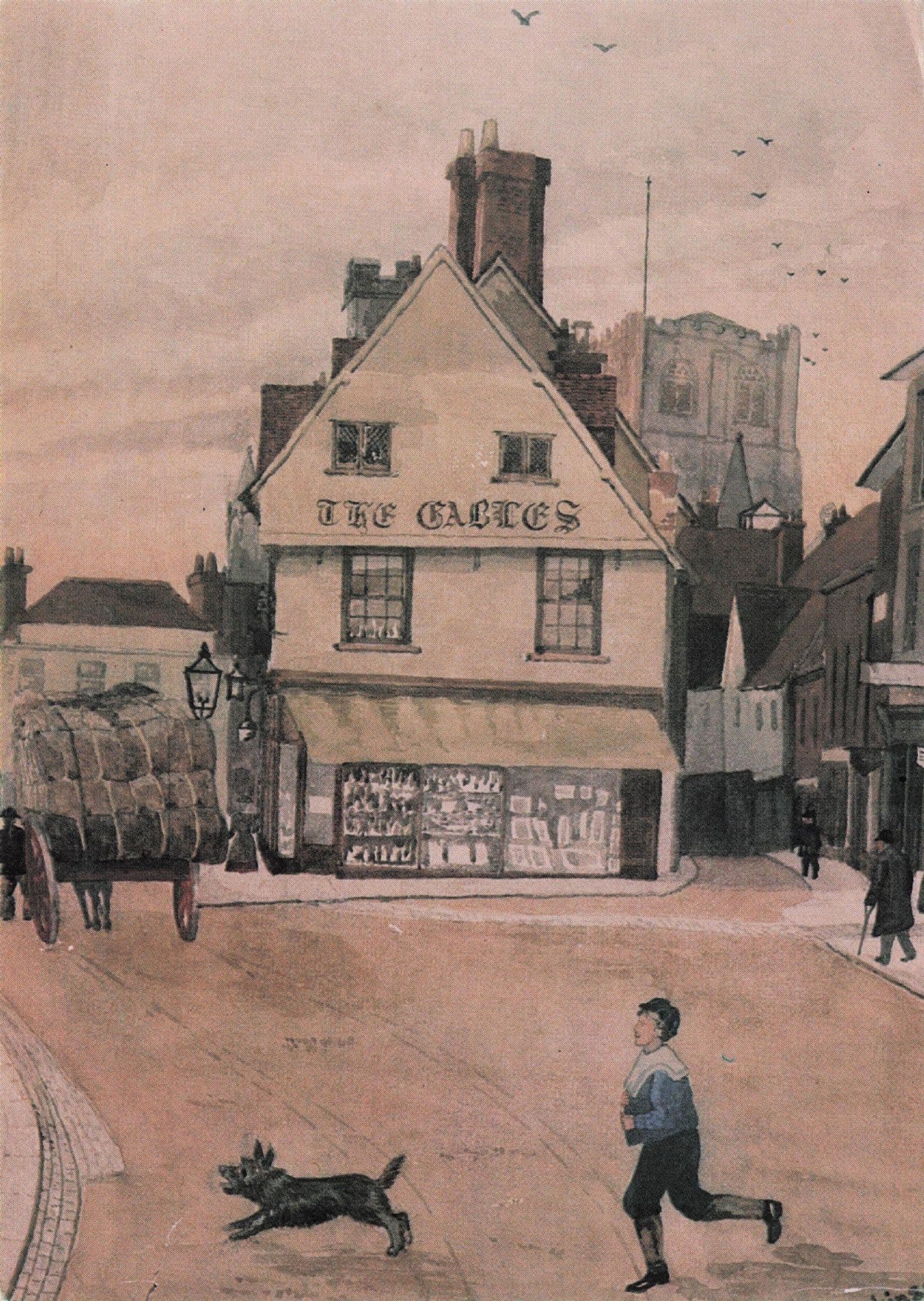 Man Chasing Dog in St Albans Market 1900s Painting Postcard