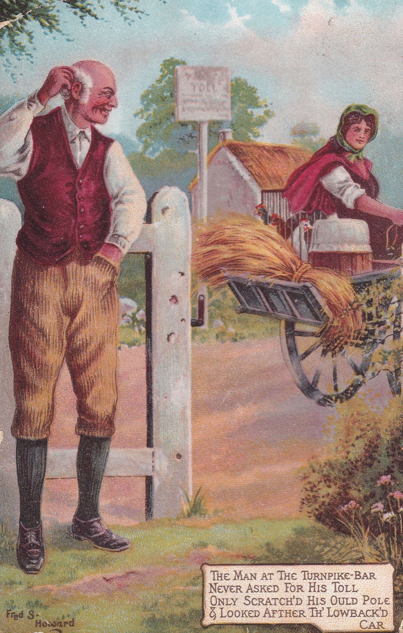 Man Scratching Head Farm Toll Gate Cart Transport Antique Comic Postcard