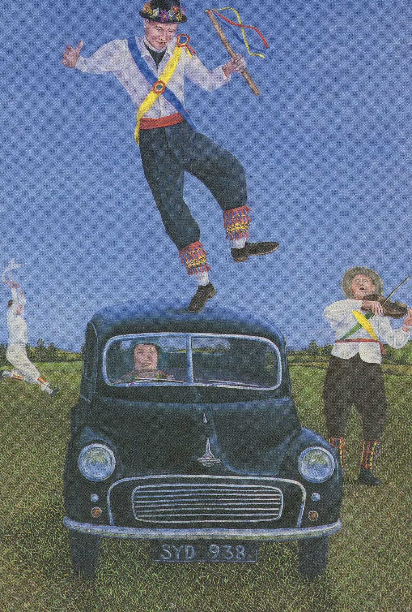 Morris Dance Dancing On Old Mini Classic Car Painting Postcard