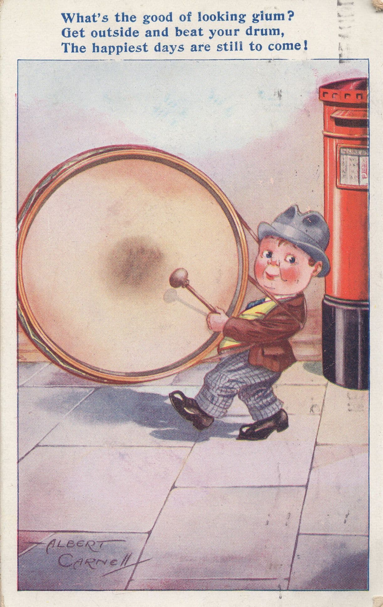 Pillar Box Beat Your Playing The Drums Antique Comic Postcard