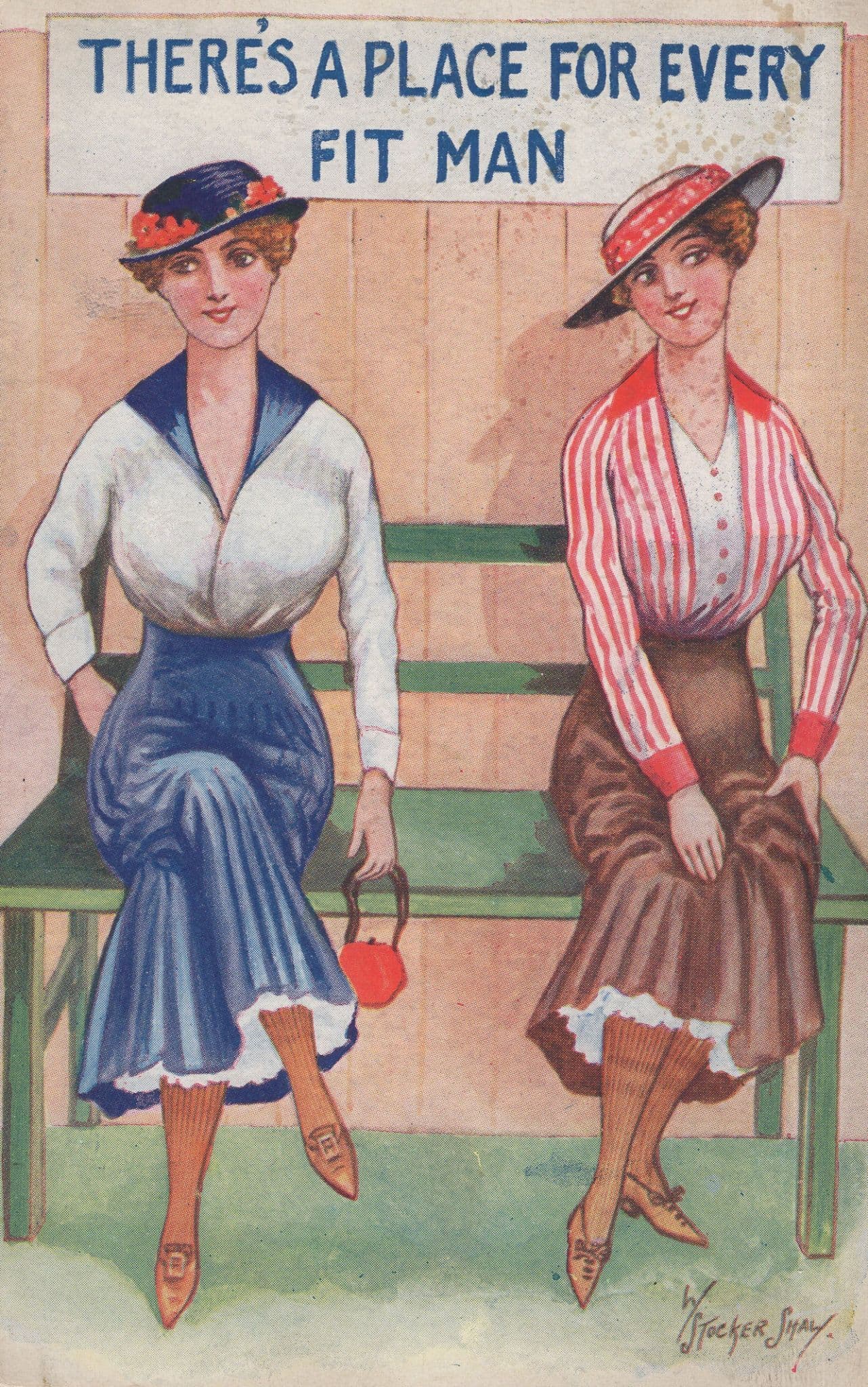 Posh Ladies Want Fit Man Antique Comic Dating Postcard