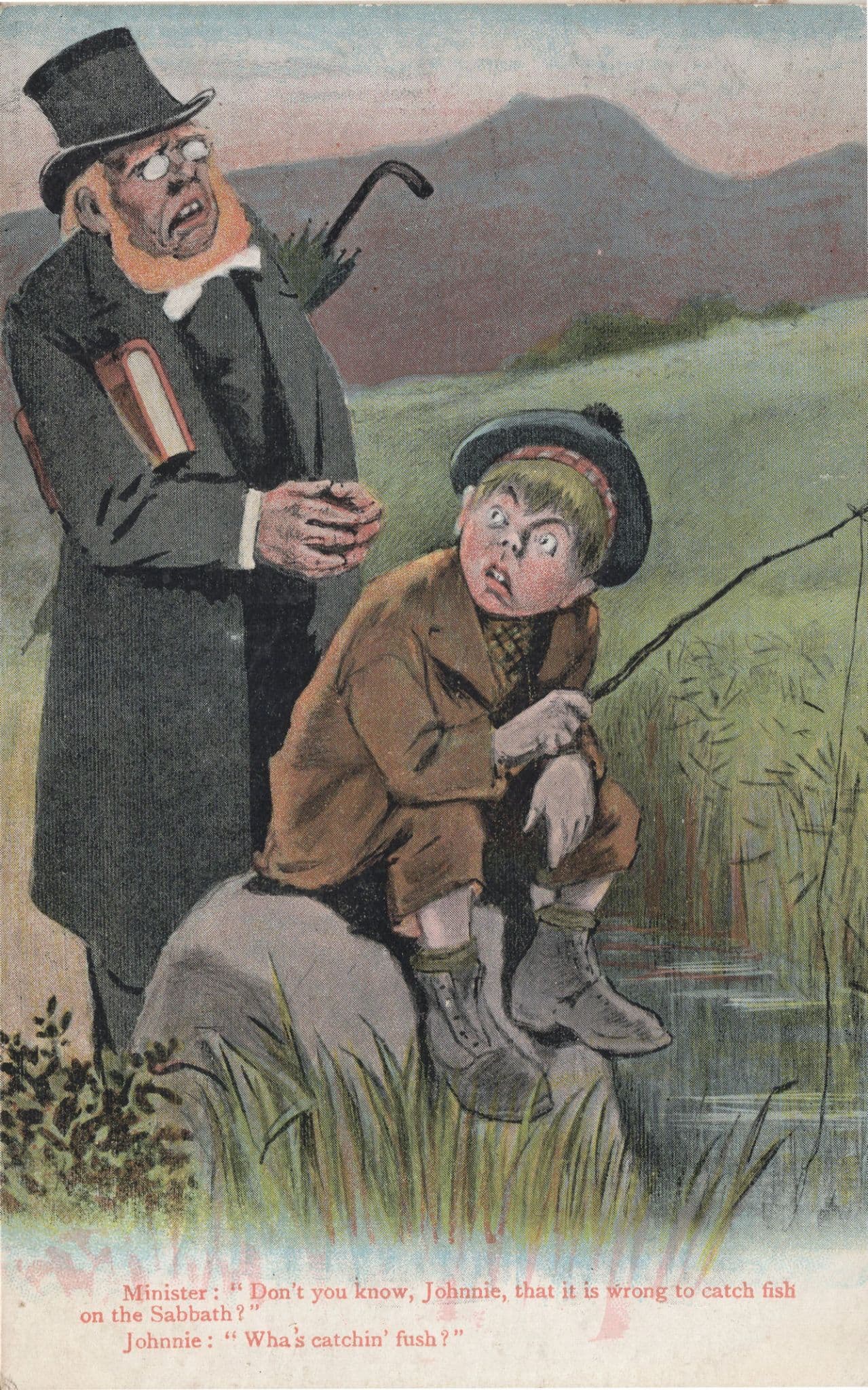 Priest Catches A Boy Fishing On Sunday Angling Comic Old Postcard