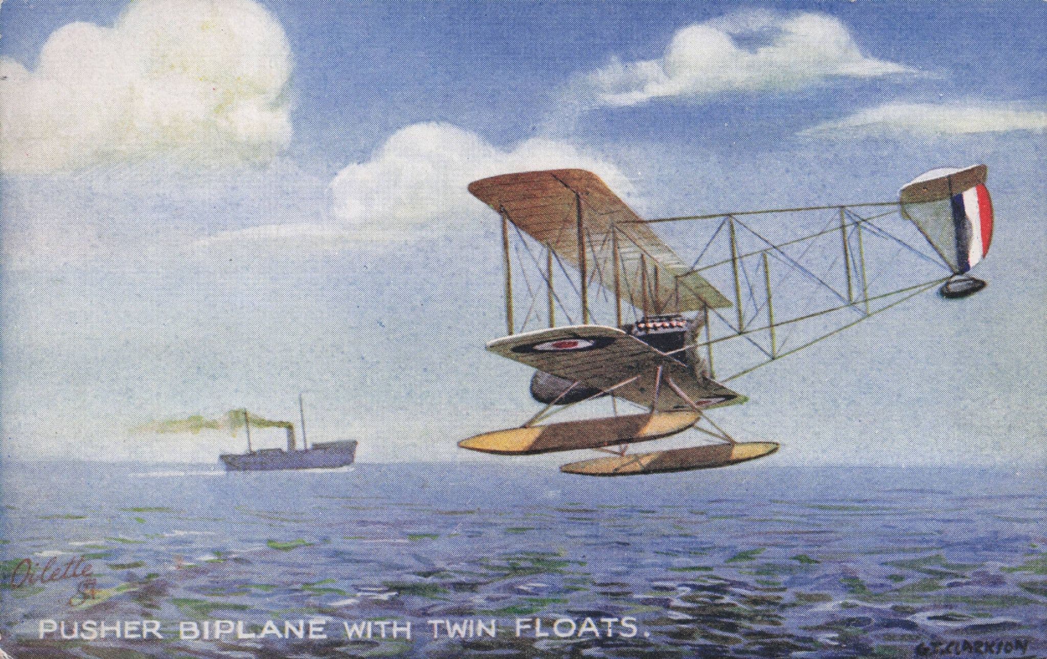 Pusher Biplane with Twin Floats Tucks Antique Aviation Postcard