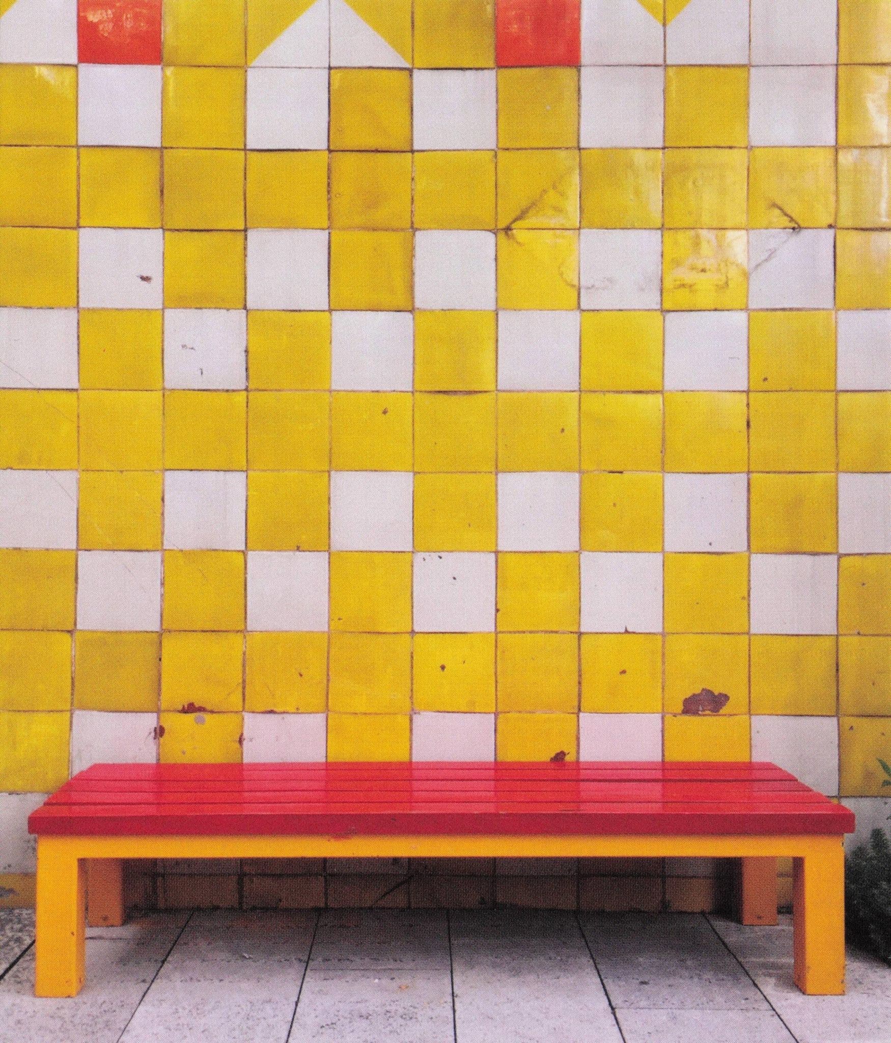Red Bench at Talavera Wall Bosque De Chapultepec Mexico Photo Art Postcard