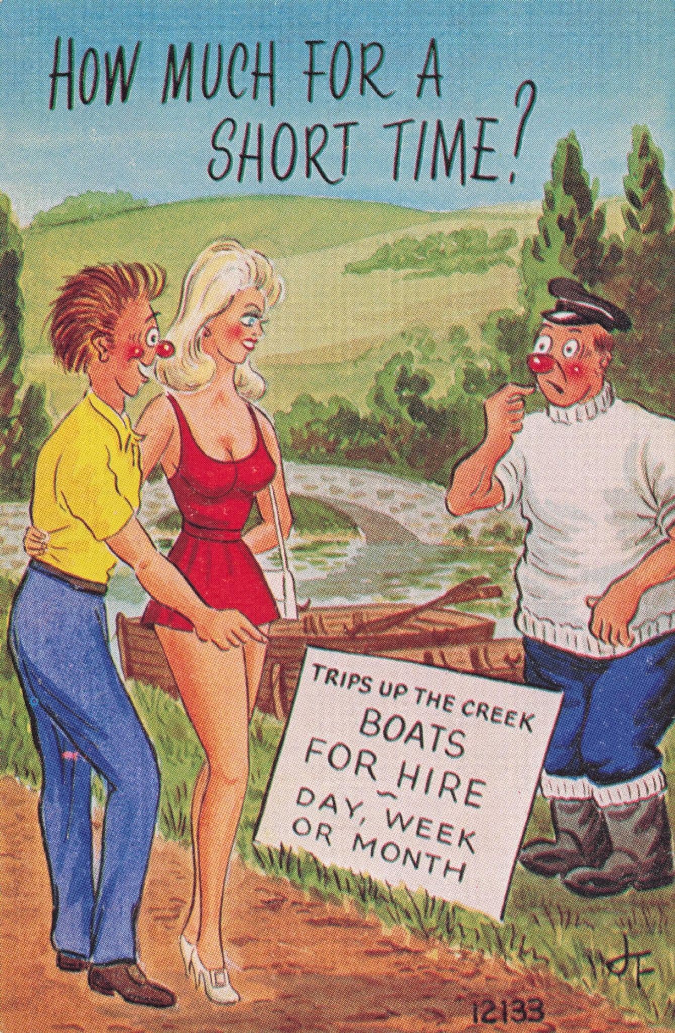 River Trips Boats For Hire Sign Attendant 1970s Comic Postcard