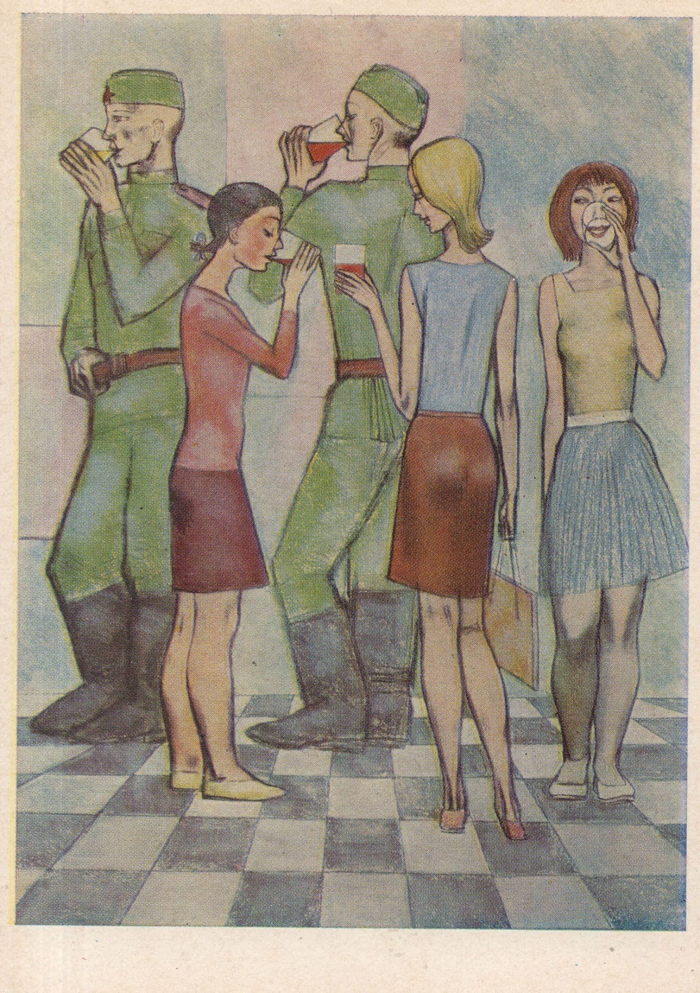 Russian Soldiers With Sexy Ladies 1930s Painting Postcard