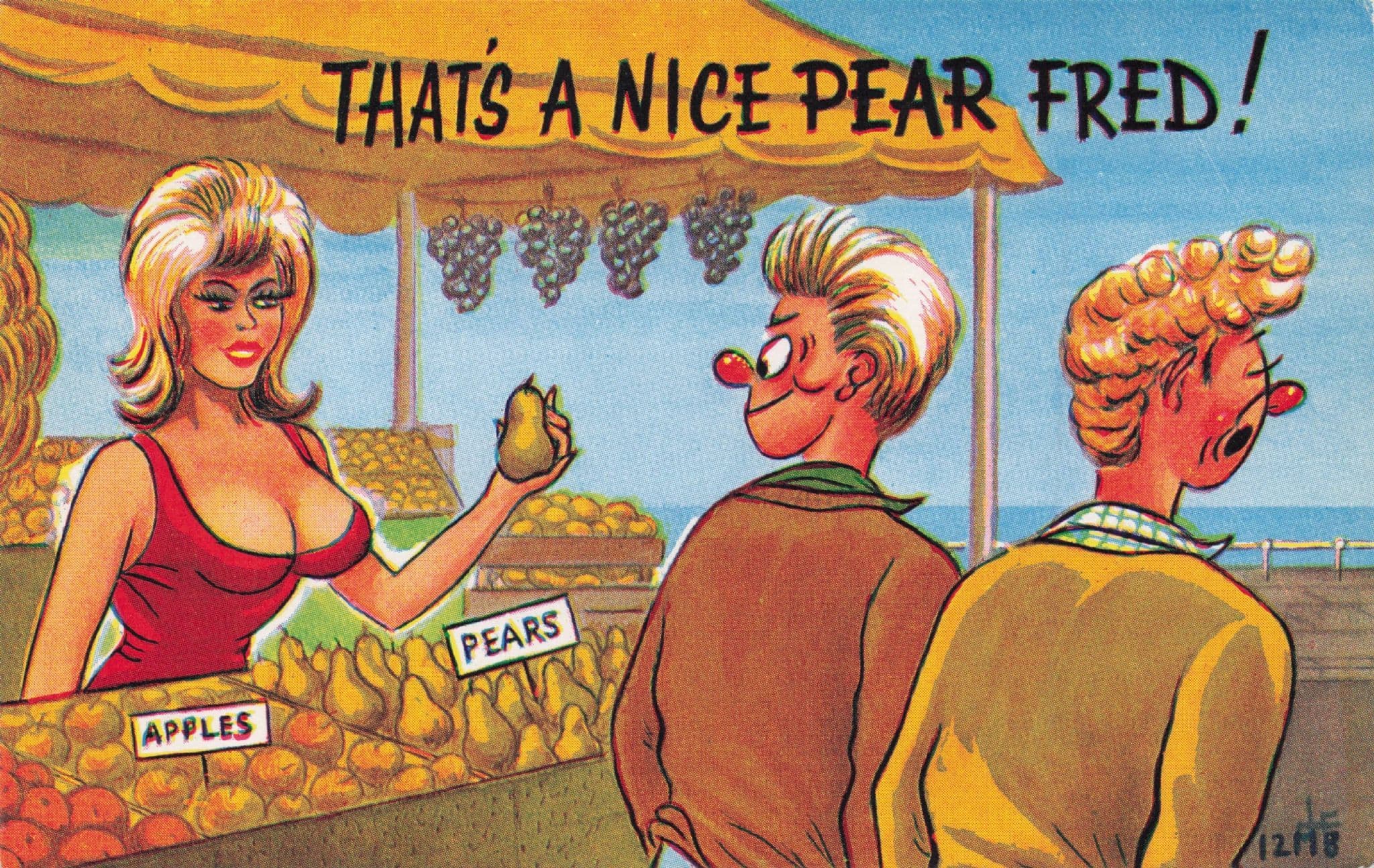 Sexy Fruit Dealer Market Stall Apples & Pears 1970s Comic Postcard