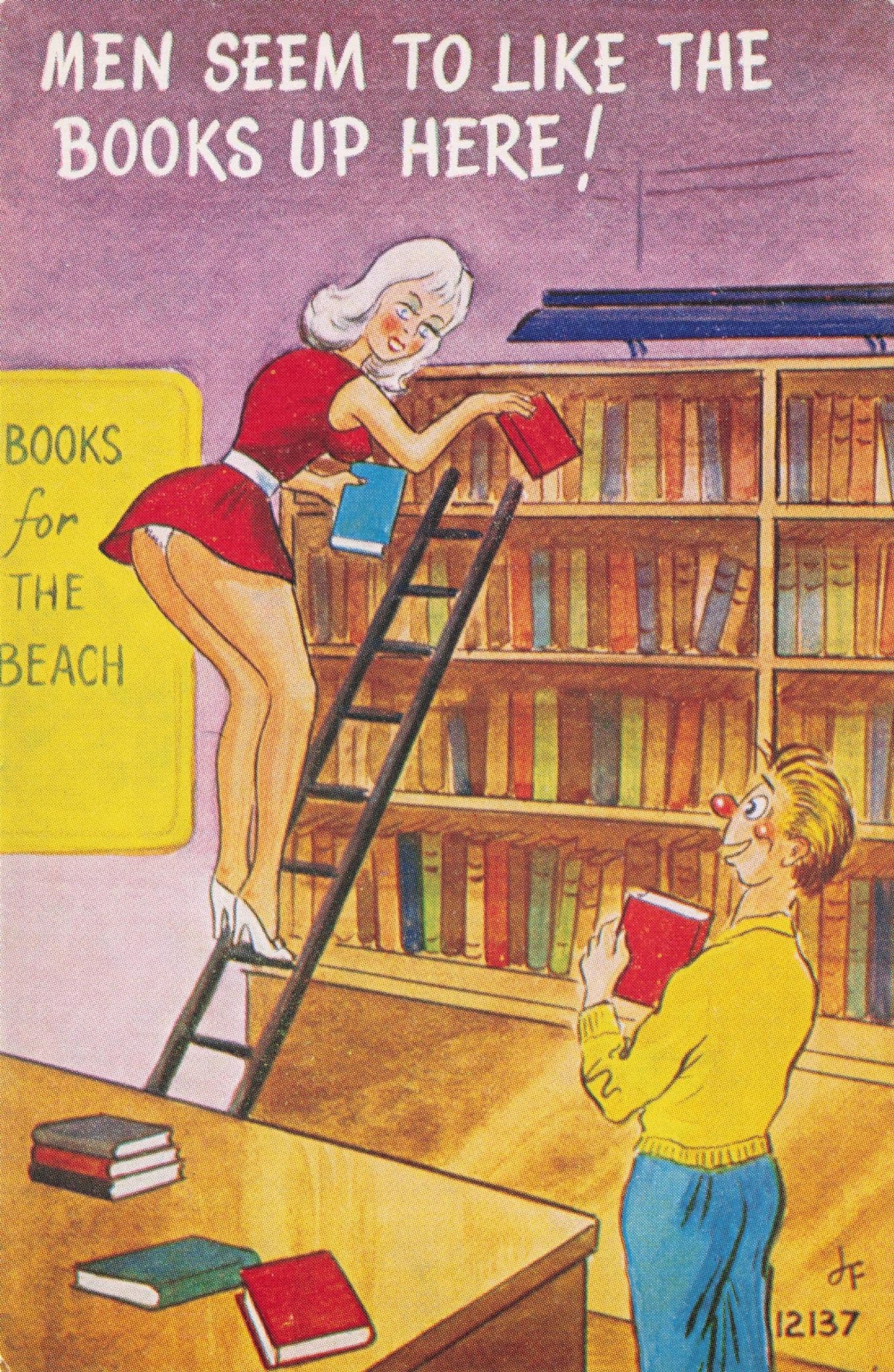 Sexy Librarian Ladder In Library Upskirt Top Shelf 1970s Comic Postcard
